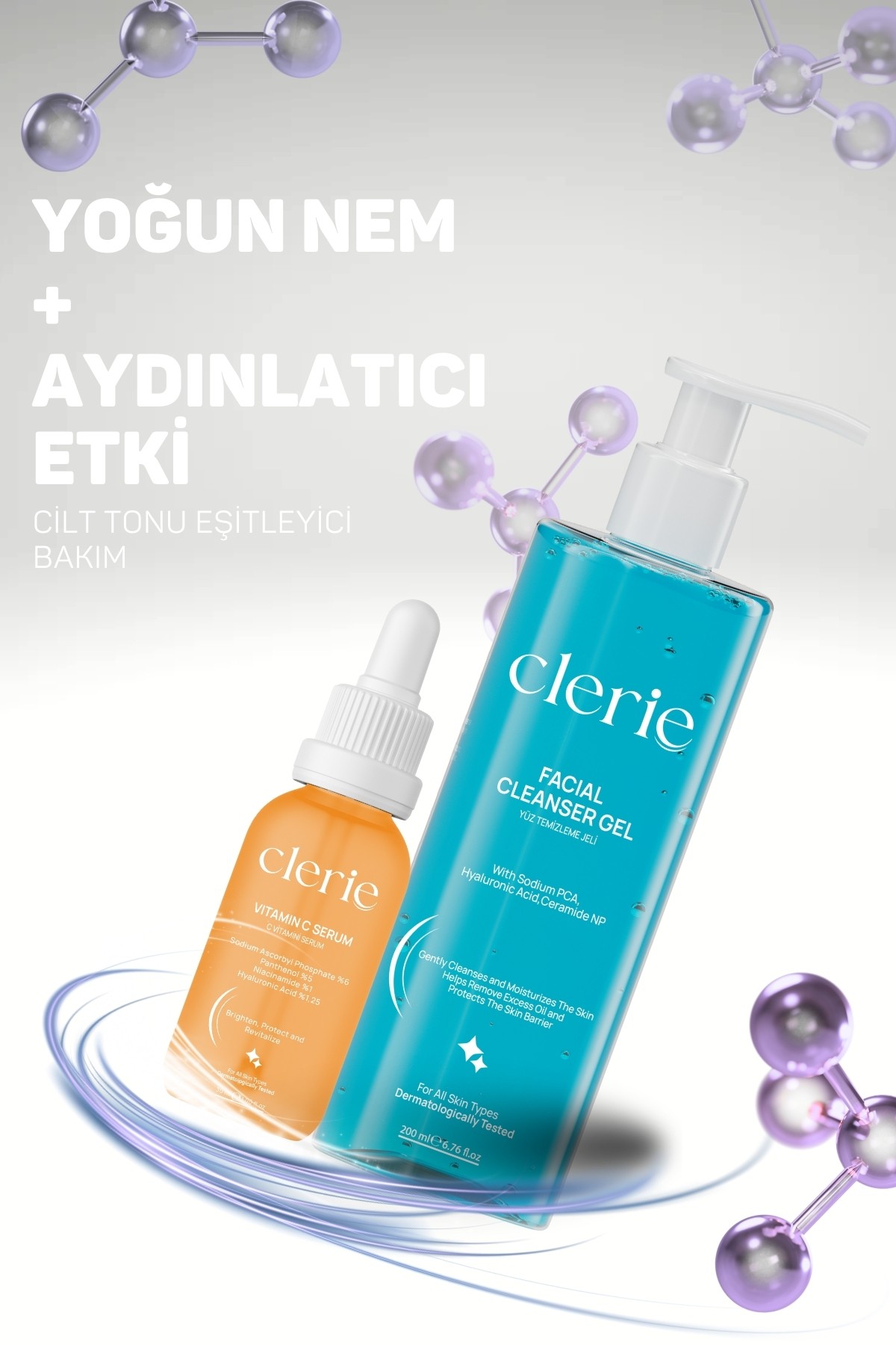 Clerie Cilt Bakım Seti – Leke Karşıtı C Vitamini Serumu & Sebum & Yağ Dengeleyici Yüz Yıkama Jeli