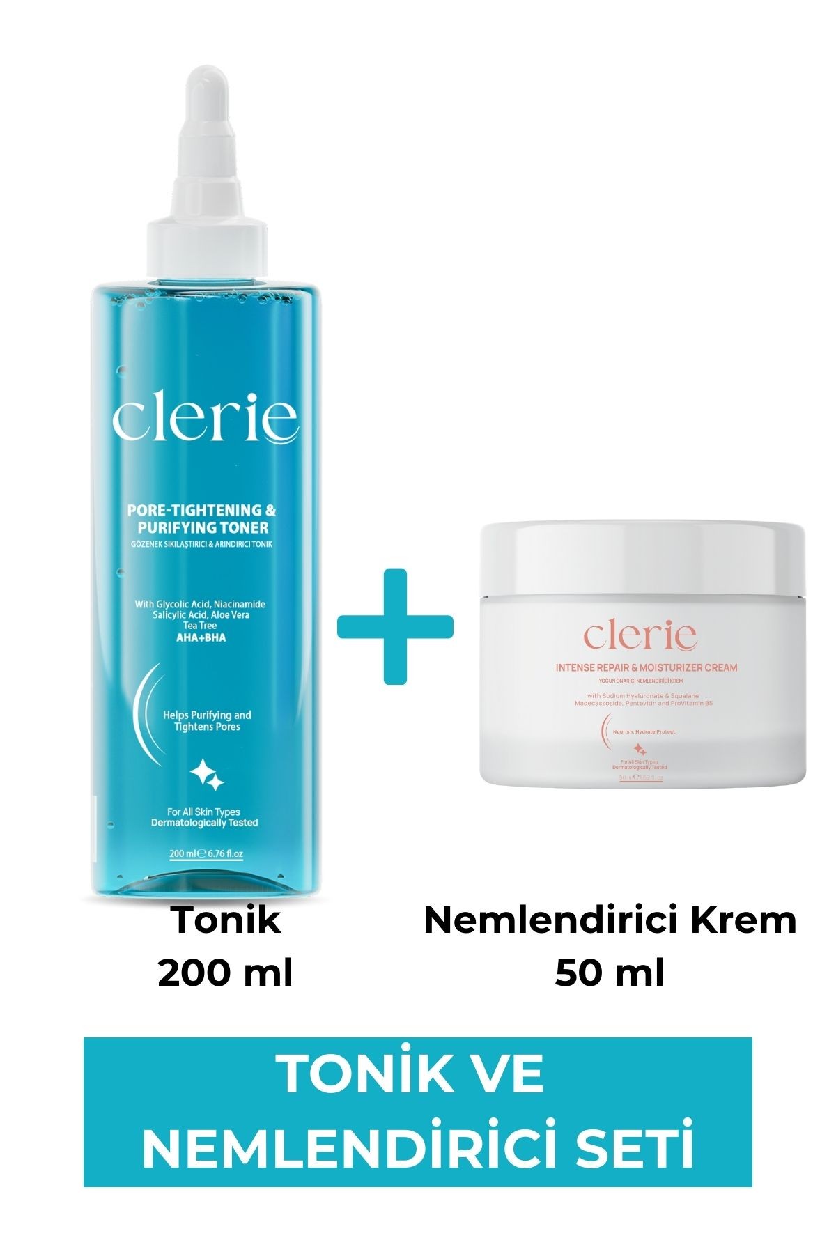 Clerie  Yoğun Nemlendirici Krem & Gözenek Sıkılaştırıcı AHA+BHA Tonik – Aydınlatıcı & Arındırıcı Set