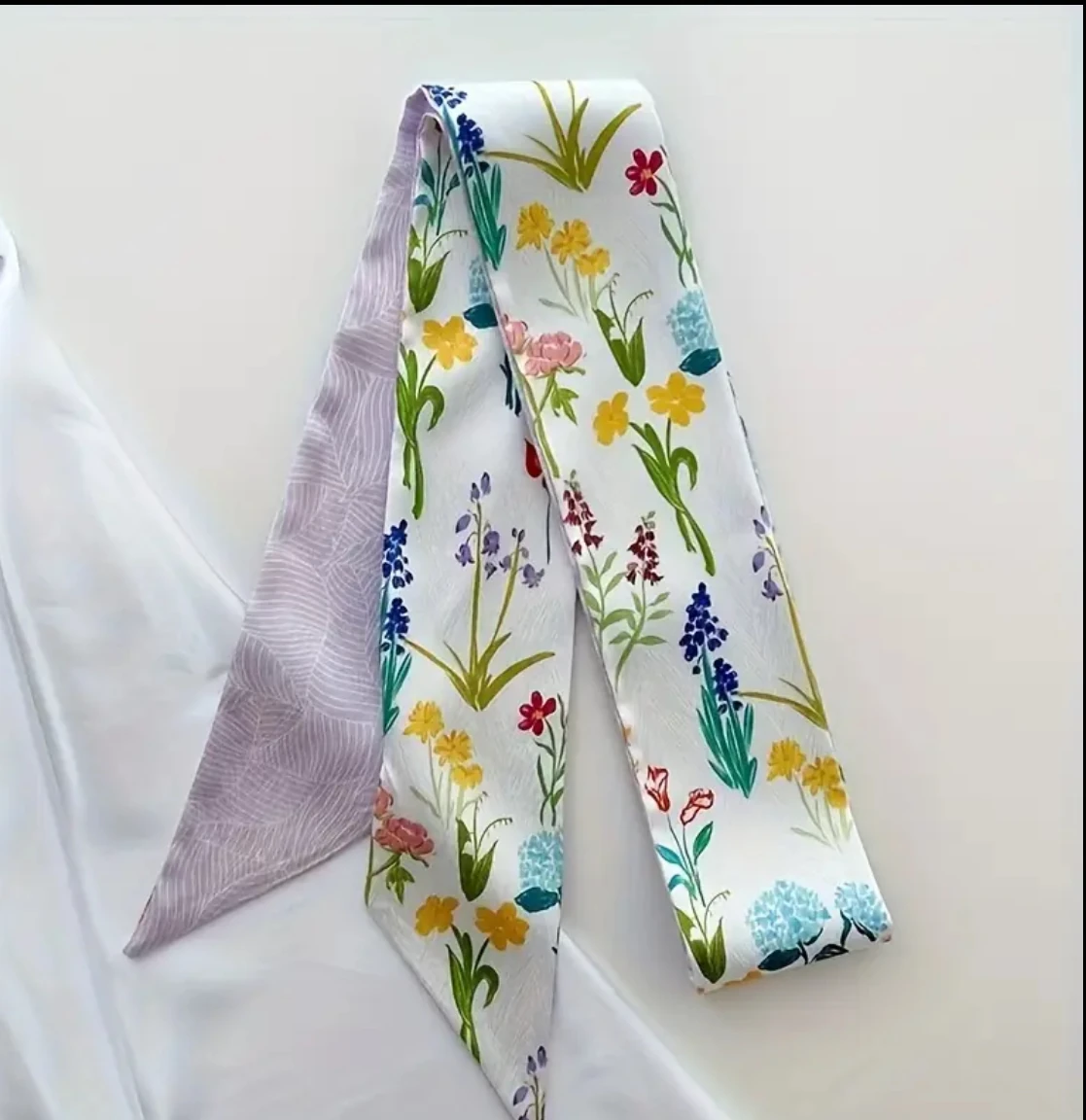 Beyaz Zemin Renkli Bitki Motifli Uzun İnce Fular - Bahar Temalı Saç Bandı ve Çanta Süsü