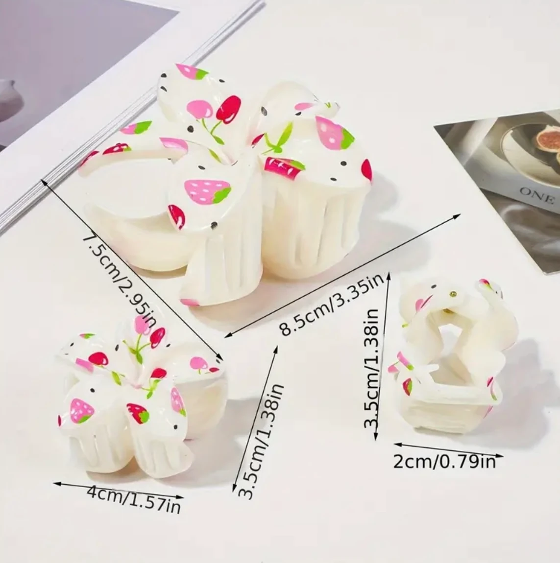 3'lü Çilek Kiraz Desenli Çiçek Toka Seti - Büyük ve Küçük Boy Kawaii Saç Klipsleri