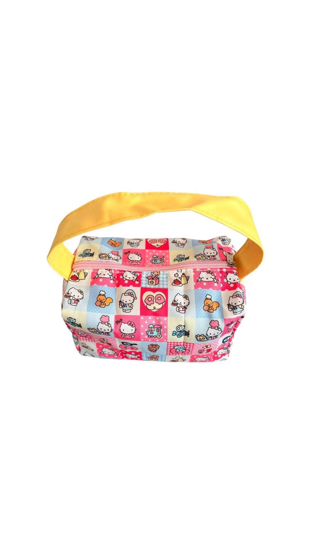 Hello Kitty Desenli Mini Makyaj ve Aksesuar Çantası – Sarı Saplı -Hello Cutie Box Bag