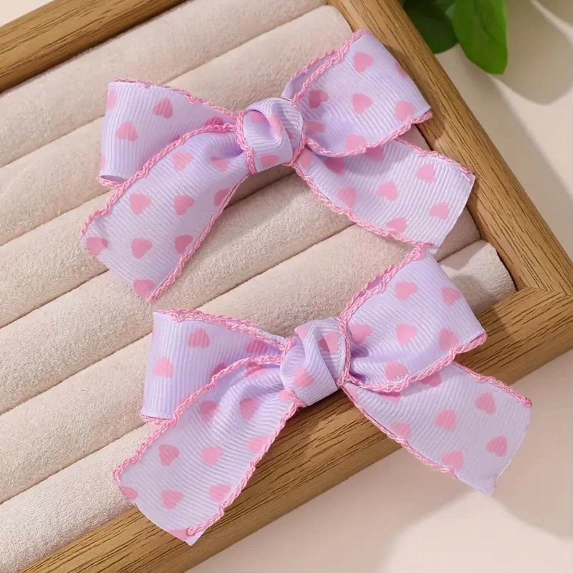 2'li Lila Pembe Kalp Desenli Fiyonk Toka Seti - Romantik Kurdele Saç Aksesuarı