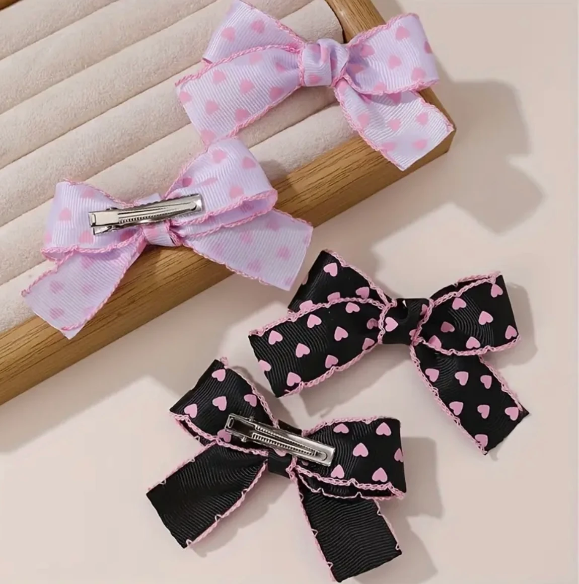 2'li Lila Pembe Kalp Desenli Fiyonk Toka Seti - Romantik Kurdele Saç Aksesuarı