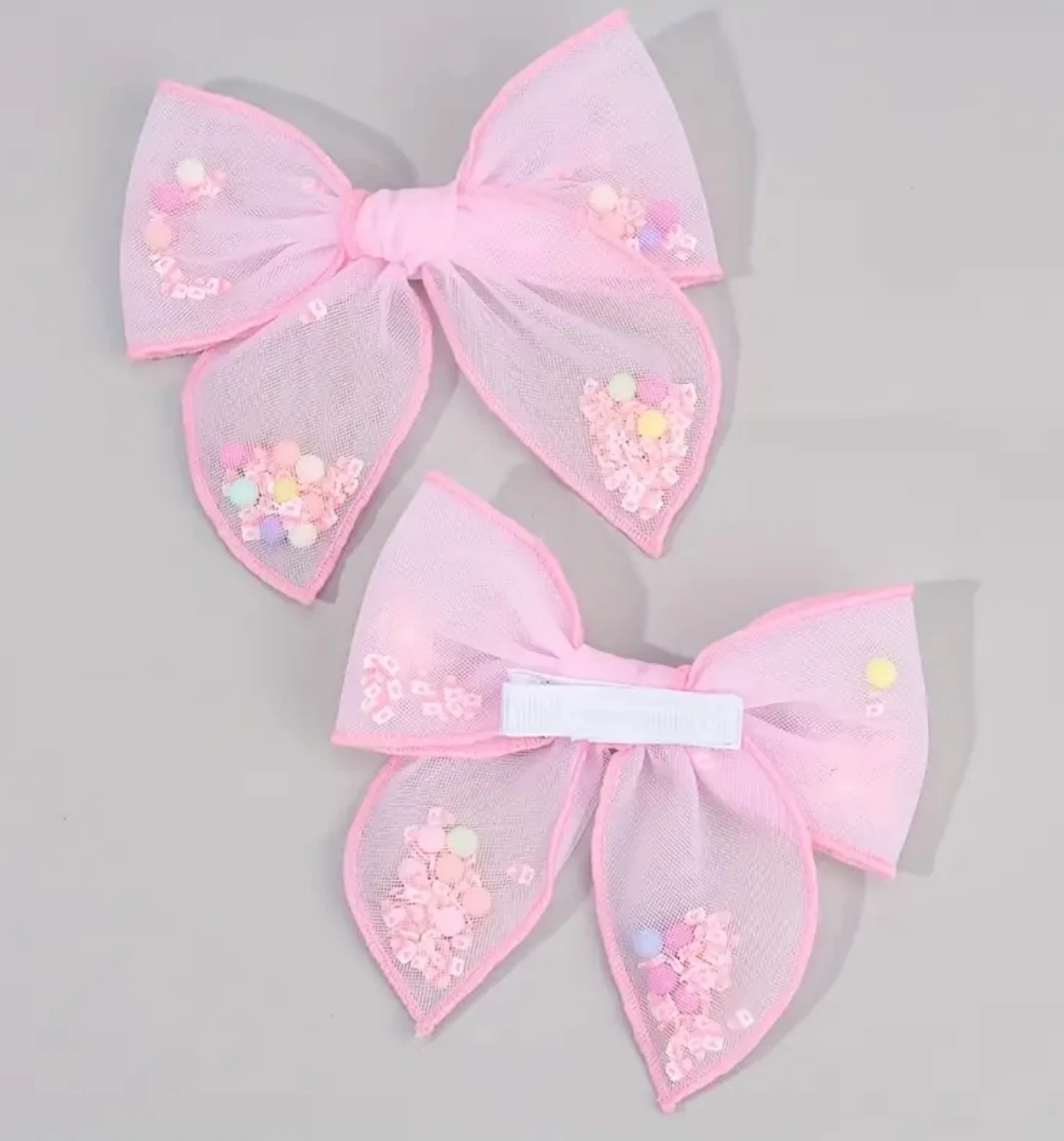 2'li Pembe Tül Fiyonk Toka Seti - Renkli Boncuklu Organze Romantik Saç Klipsi