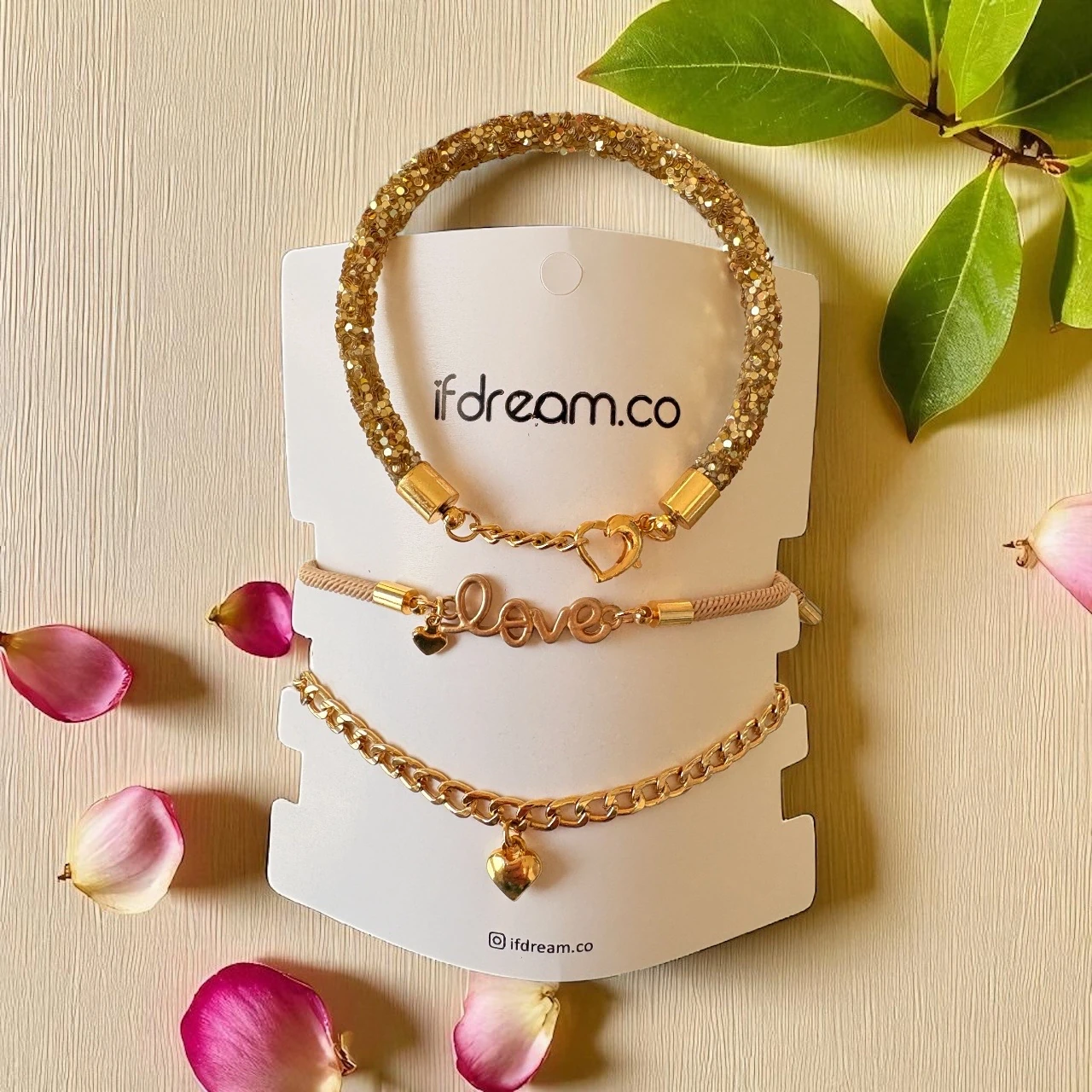 Ayarlanabilir 3'lü Gold Bileklik Seti - Aşk Temalı Zincir Kombin