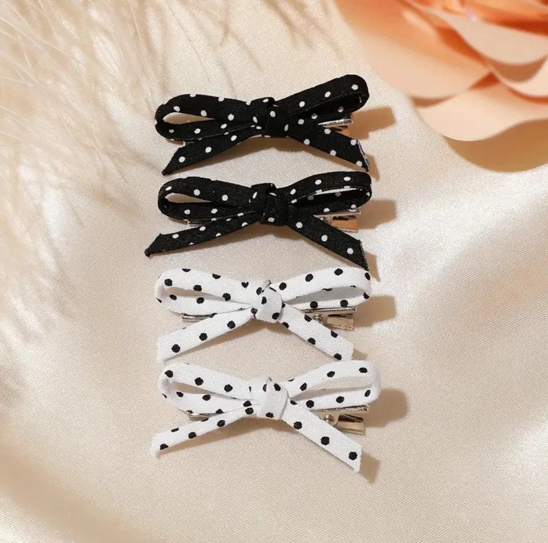 2'li Siyah Puantiyeli Fiyonk Saç Klipsi Seti - Mini Vintage Kurdele Toka