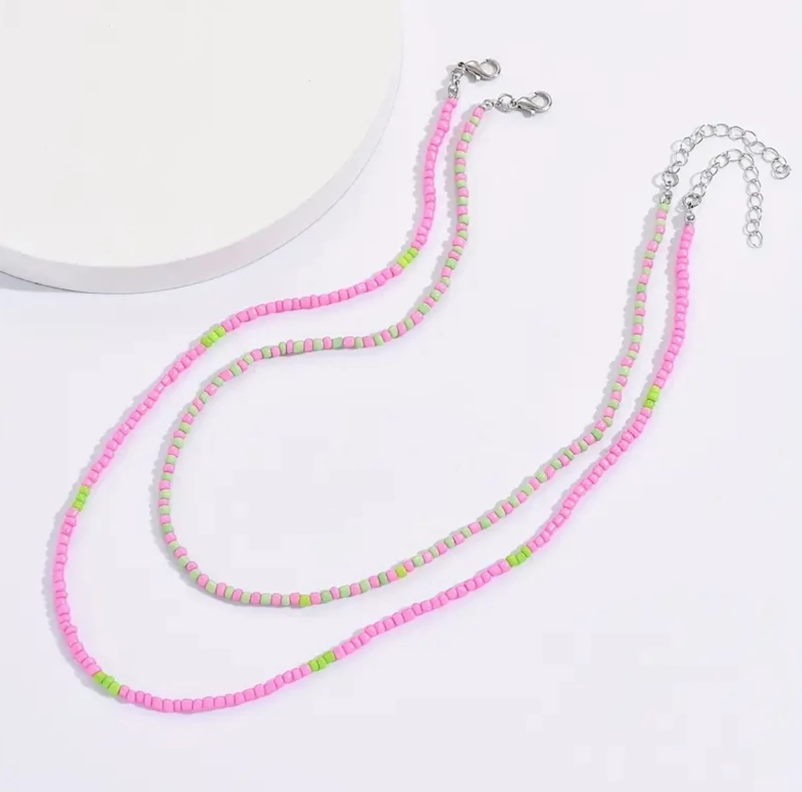Pembe ve Limon Yeşili İkili Boncuklu Choker Kolye Seti