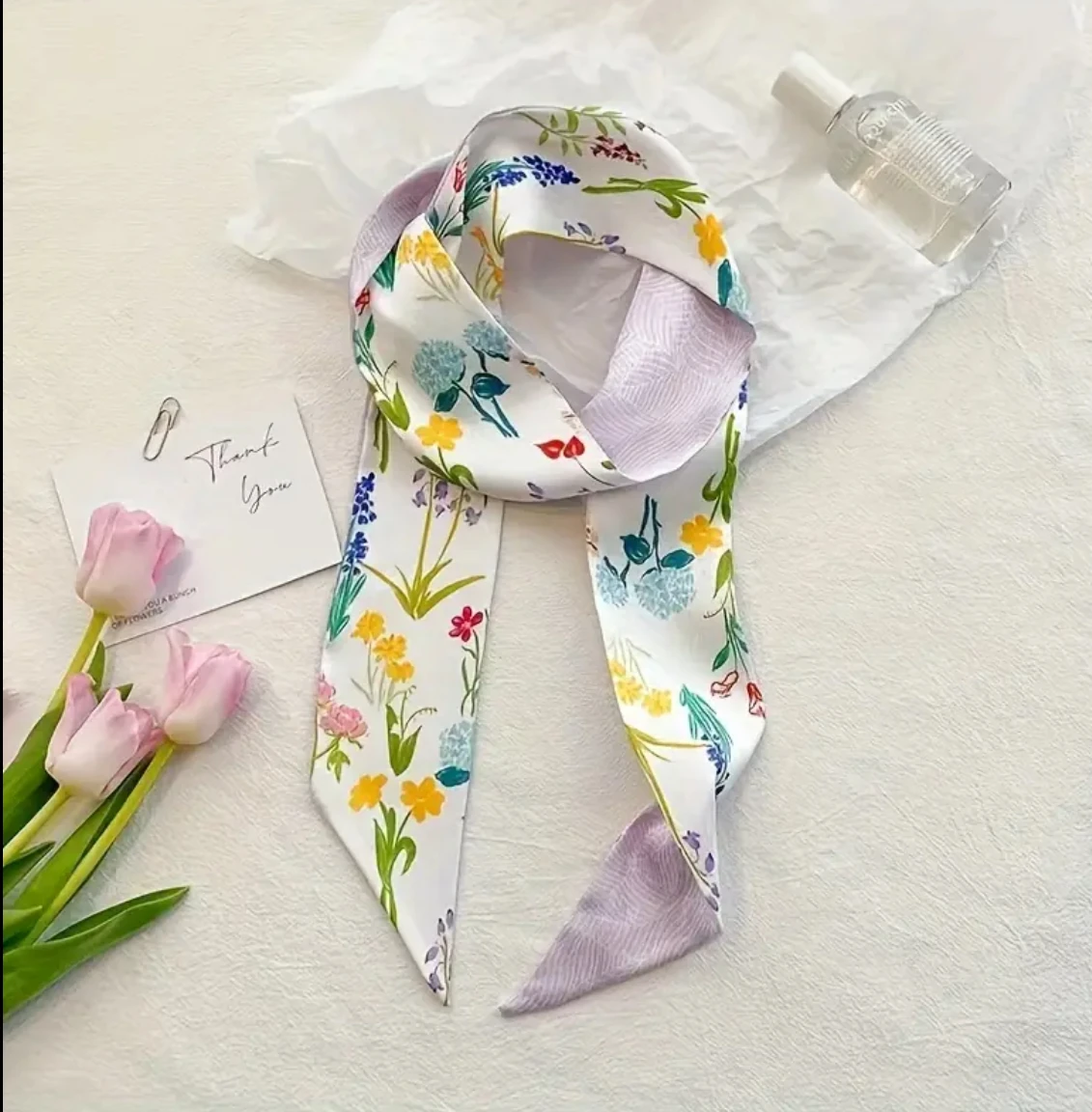 Beyaz Zemin Renkli Bitki Motifli Uzun İnce Fular - Bahar Temalı Saç Bandı ve Çanta Süsü