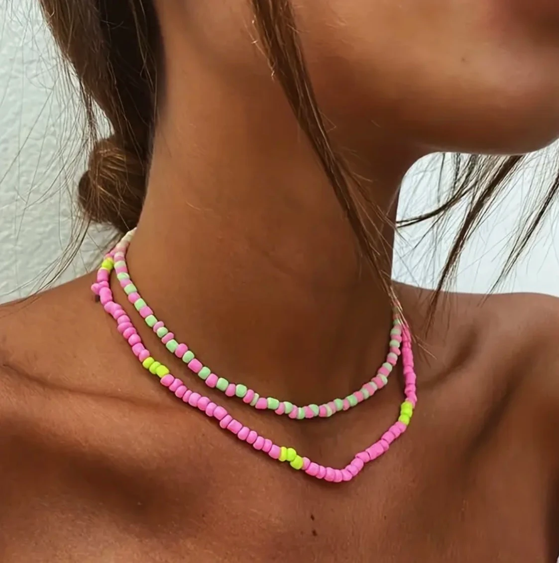 Pembe ve Limon Yeşili İkili Boncuklu Choker Kolye Seti