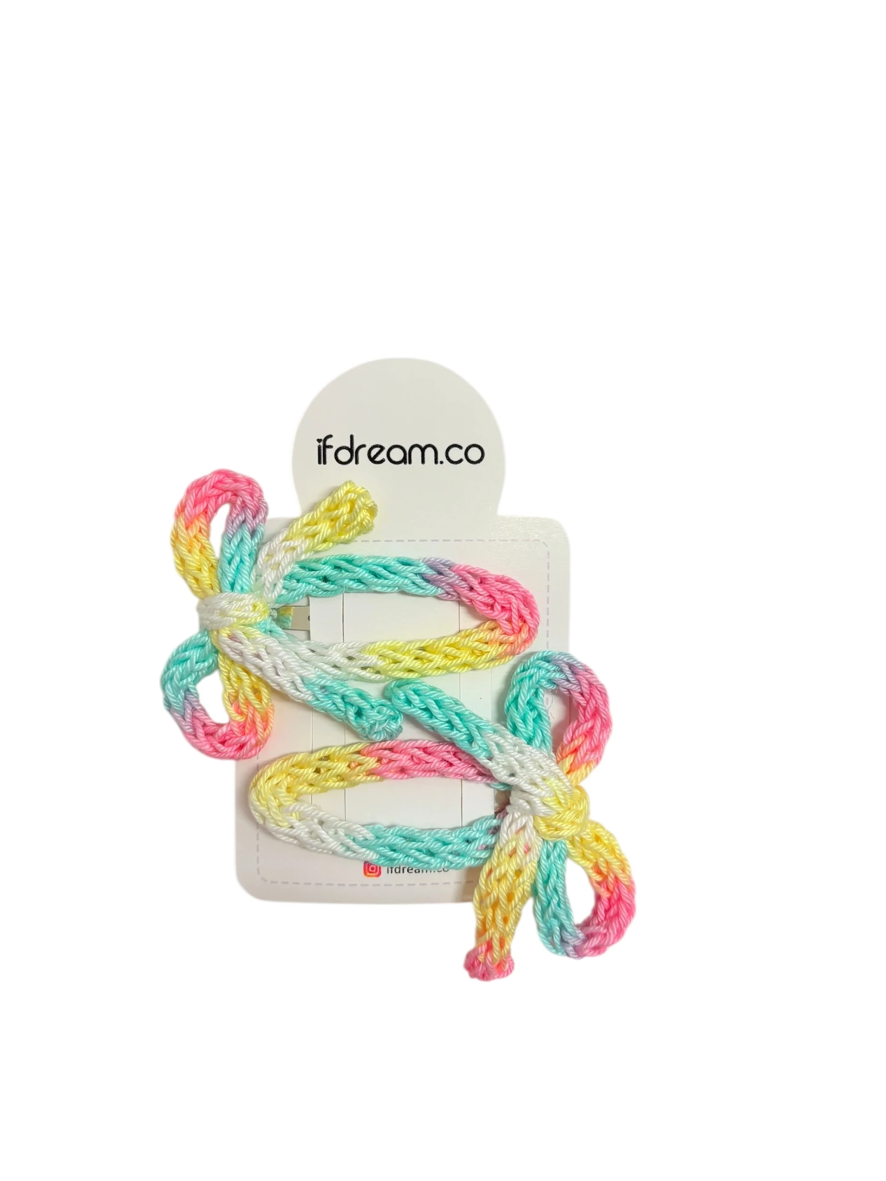 2'li Pastel Gökkuşağı Tığ İşi Örgü Fiyonk Toka Seti - Tie-Dye Çıtçıt Kawaii Aksesuar