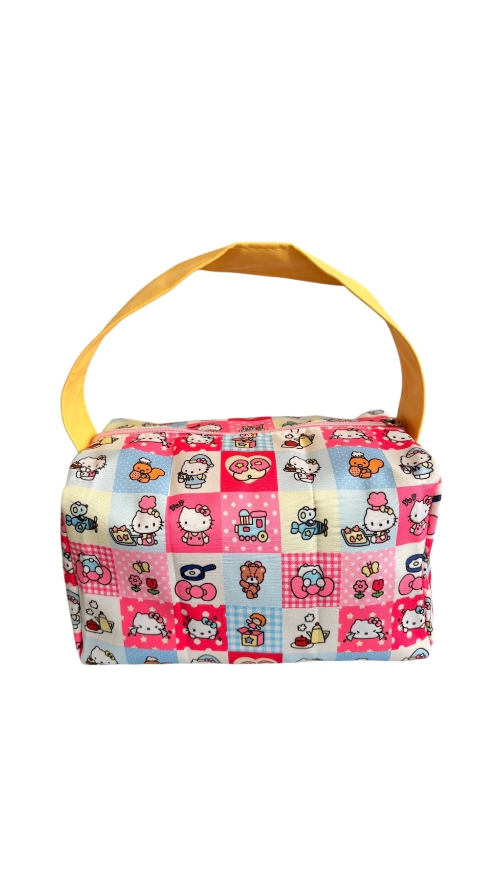 Hello Kitty Desenli Mini Makyaj ve Aksesuar Çantası – Sarı Saplı -Hello Cutie Box Bag