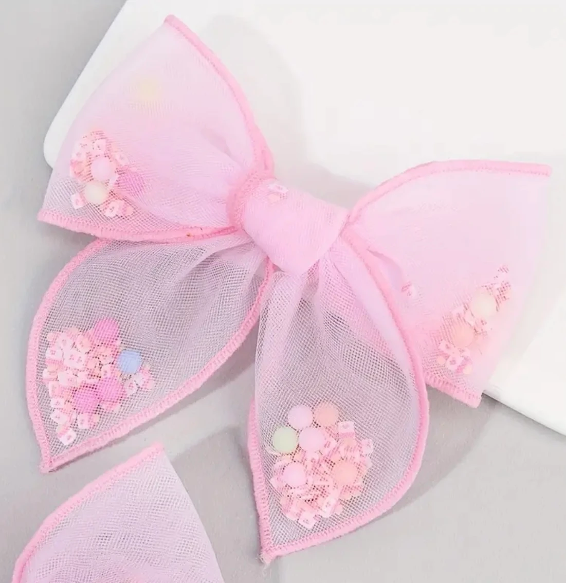 2'li Pembe Tül Fiyonk Toka Seti - Renkli Boncuklu Organze Romantik Saç Klipsi