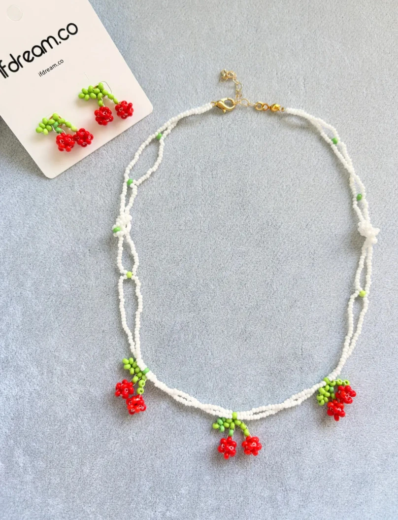 Kiraz boncuklu kolye küpe takımı