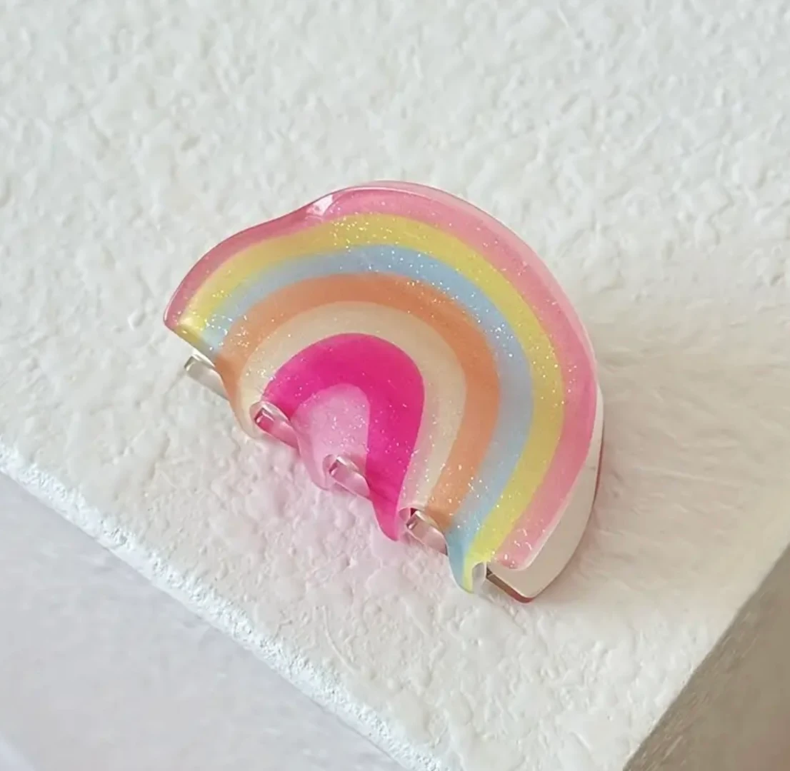 Gökkuşağı Simli Büyük Mandal Toka - Akrilik Pastel Renk Saç Klipsi