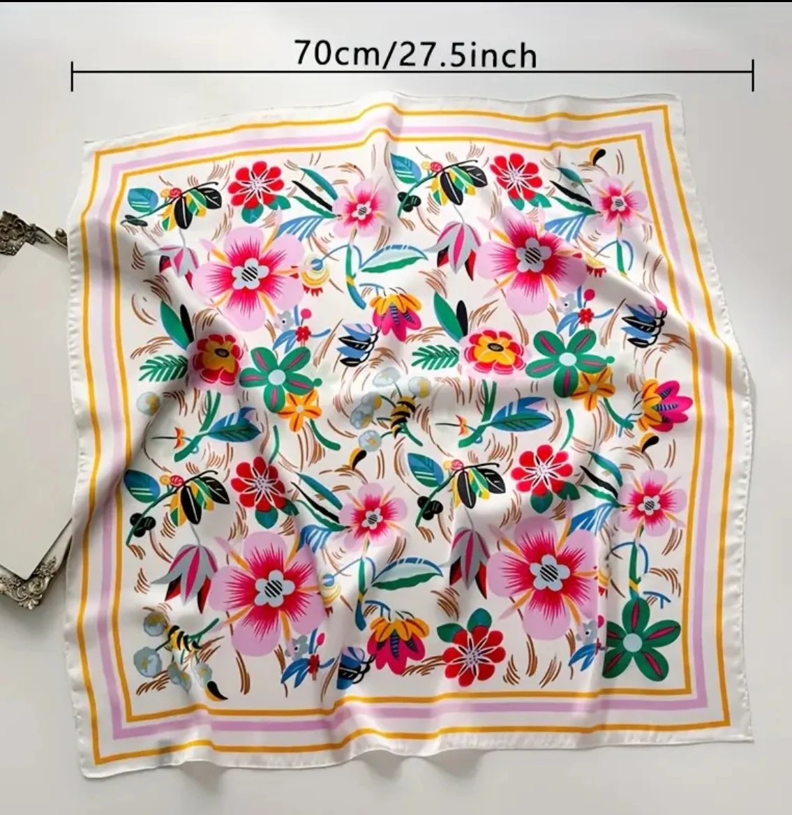 Siyah Zemin Canlı Çiçek Desenli Uzun Atkuyruğu Fular - İpeksi Saç ve Boyun Fuları