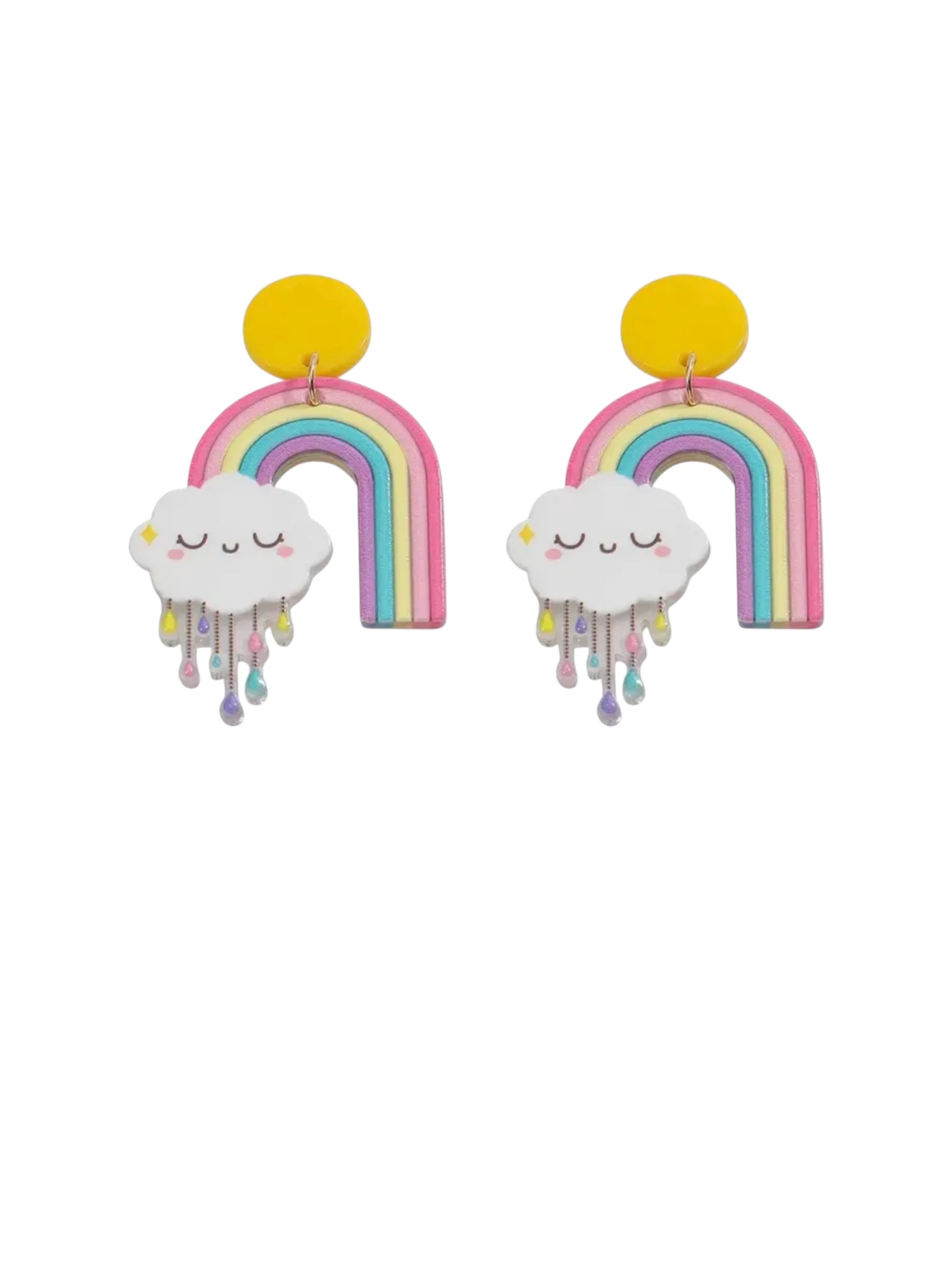 Gökkuşağı ve Uyuyan Bulut Akrilik Küpe - Pastel Sallantılı Kawaii Takı