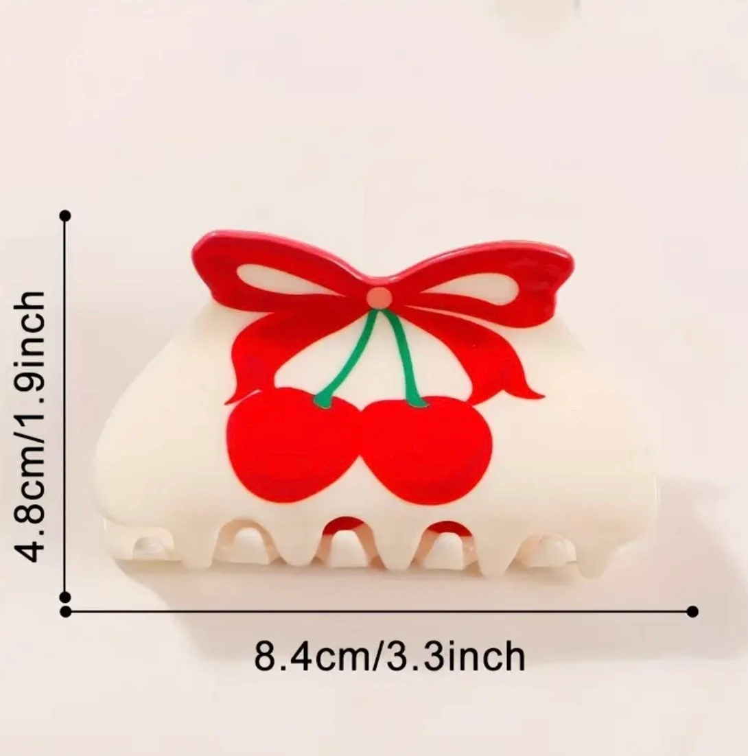 Kırmızı Kiraz ve Fiyonk Desenli Büyük Mandal Toka - Akrilik Y2K Saç Klipsi