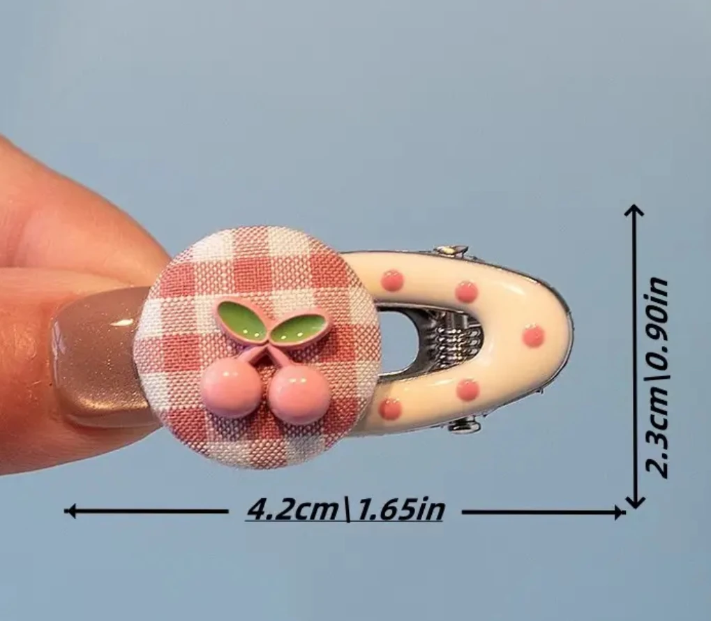 Trend Kiraz Detaylı Pembe Pötikare Kumaş Kaplı Klips Toka 2'li