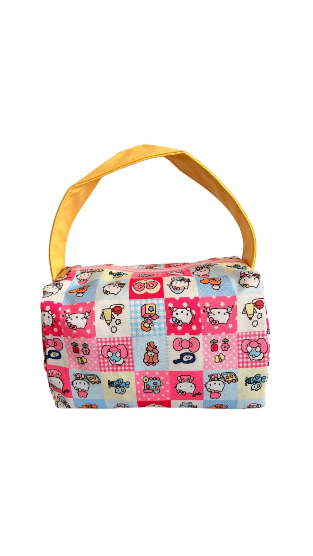 Hello Kitty Desenli Mini Makyaj ve Aksesuar Çantası – Sarı Saplı -Hello Cutie Box Bag