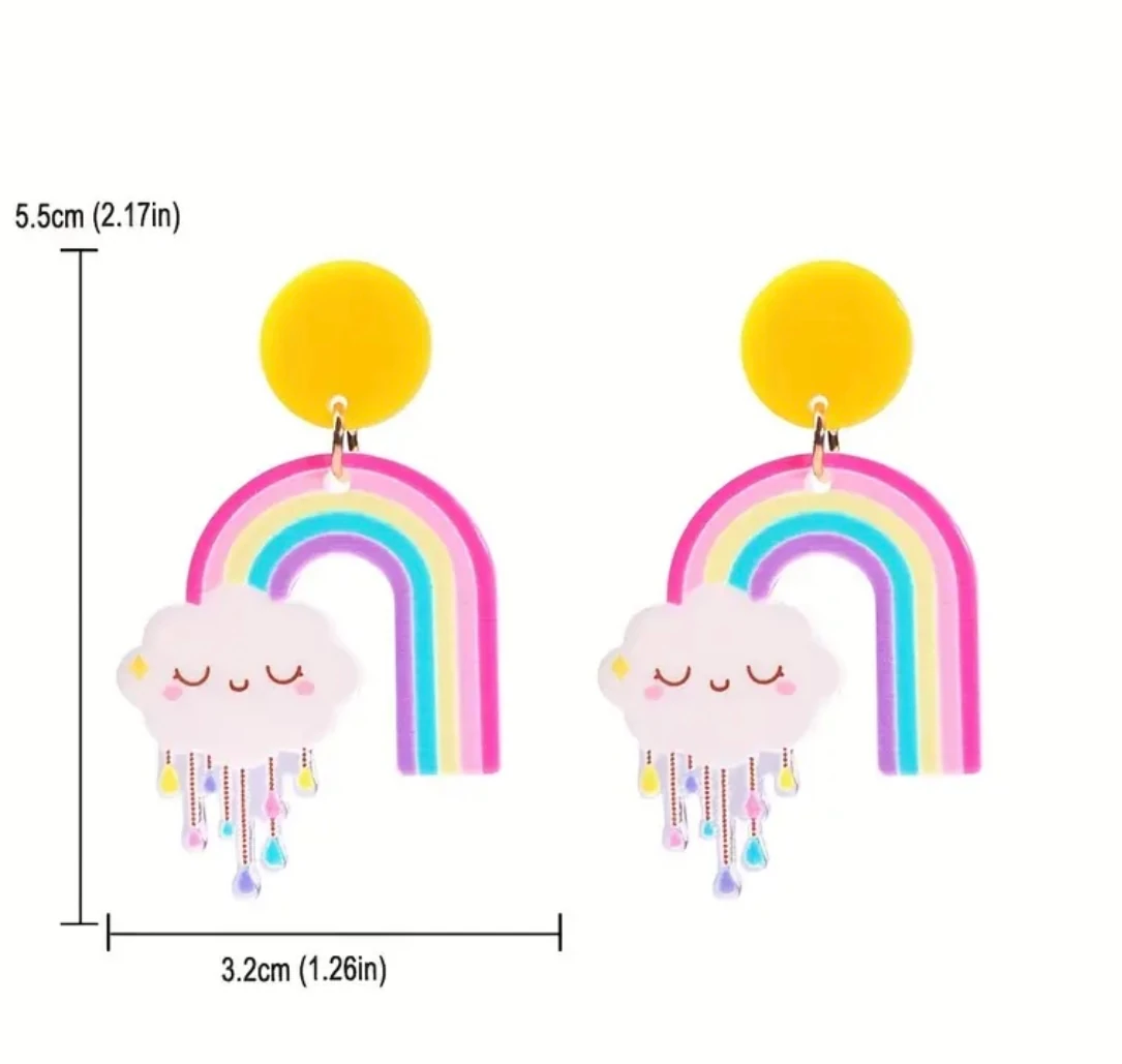 Gökkuşağı ve Uyuyan Bulut Akrilik Küpe - Pastel Sallantılı Kawaii Takı