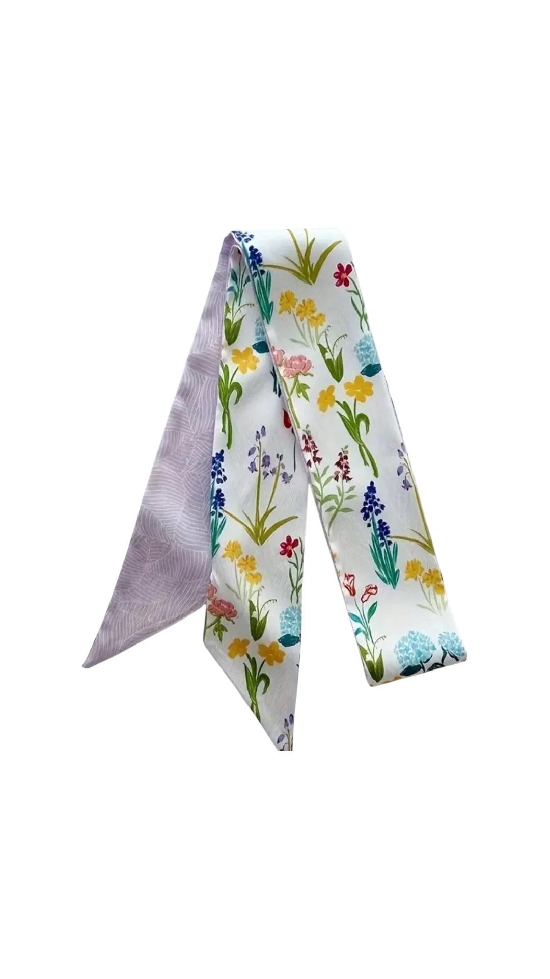 Beyaz Zemin Renkli Bitki Motifli Uzun İnce Fular - Bahar Temalı Saç Bandı ve Çanta Süsü