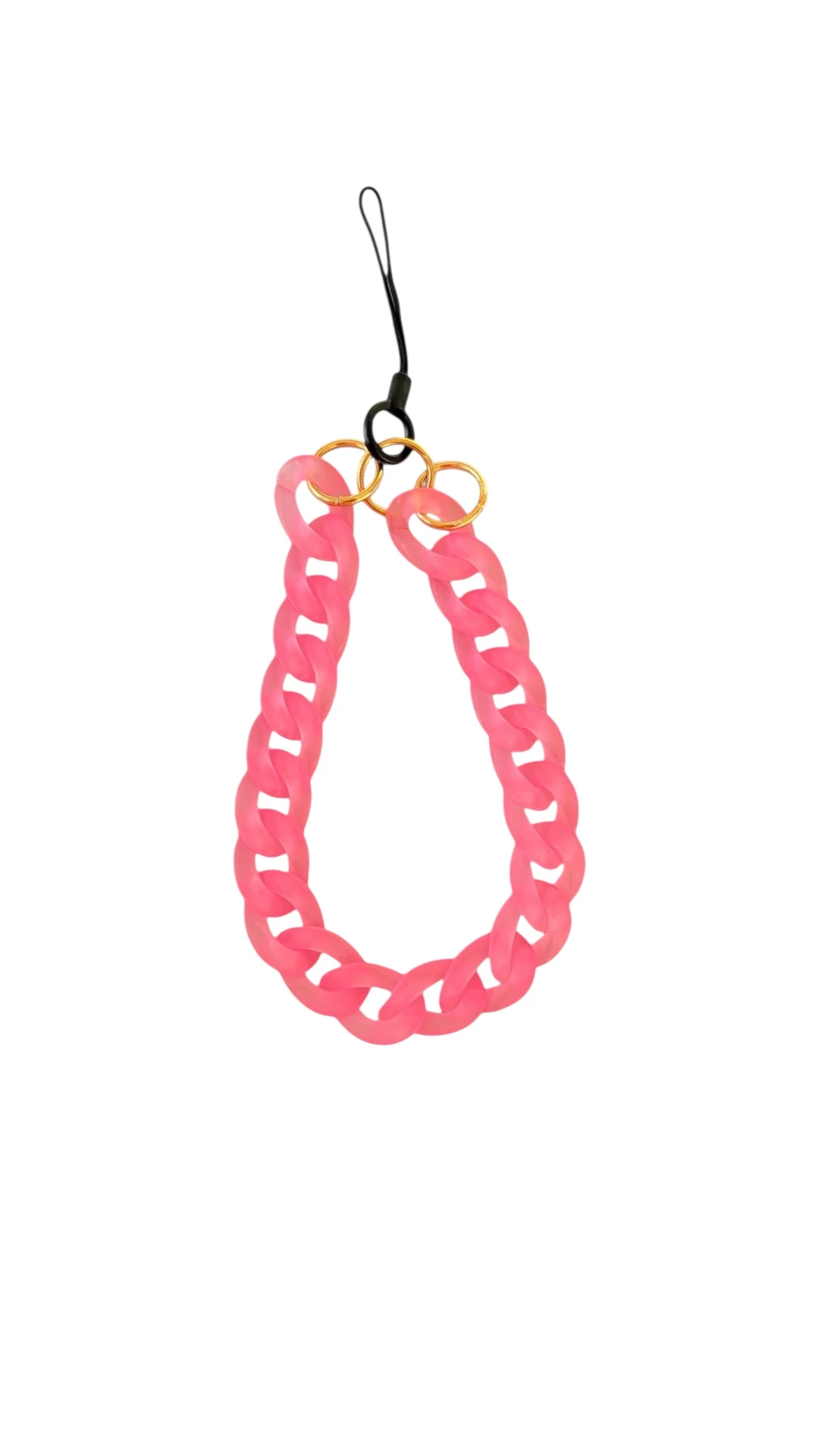 Pembe telefon askısı, neon zincir, fuşya bileklik, akrilik telefon charmı, gold detaylı telefon aksesuarı.