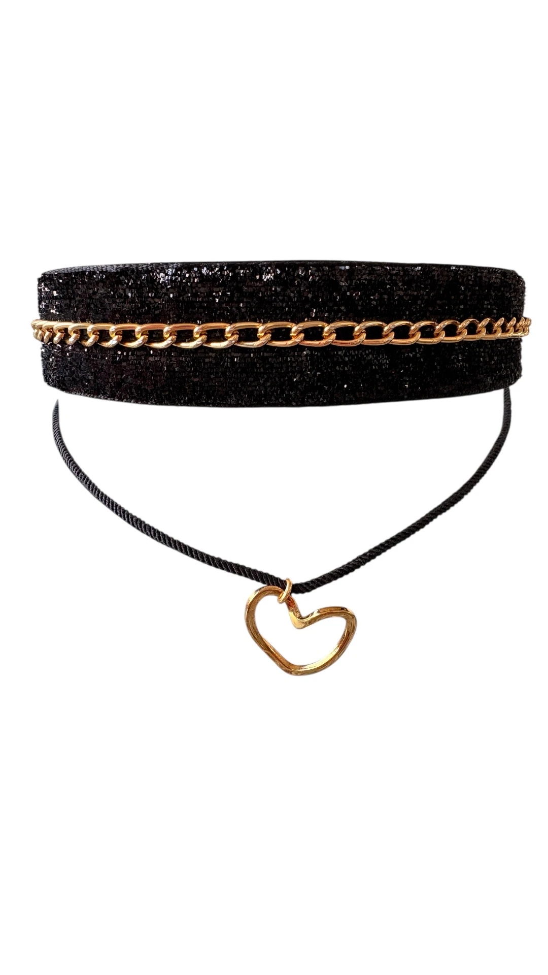 Gold Zincir Detaylı Siyah Kalpli Choker Kolye”