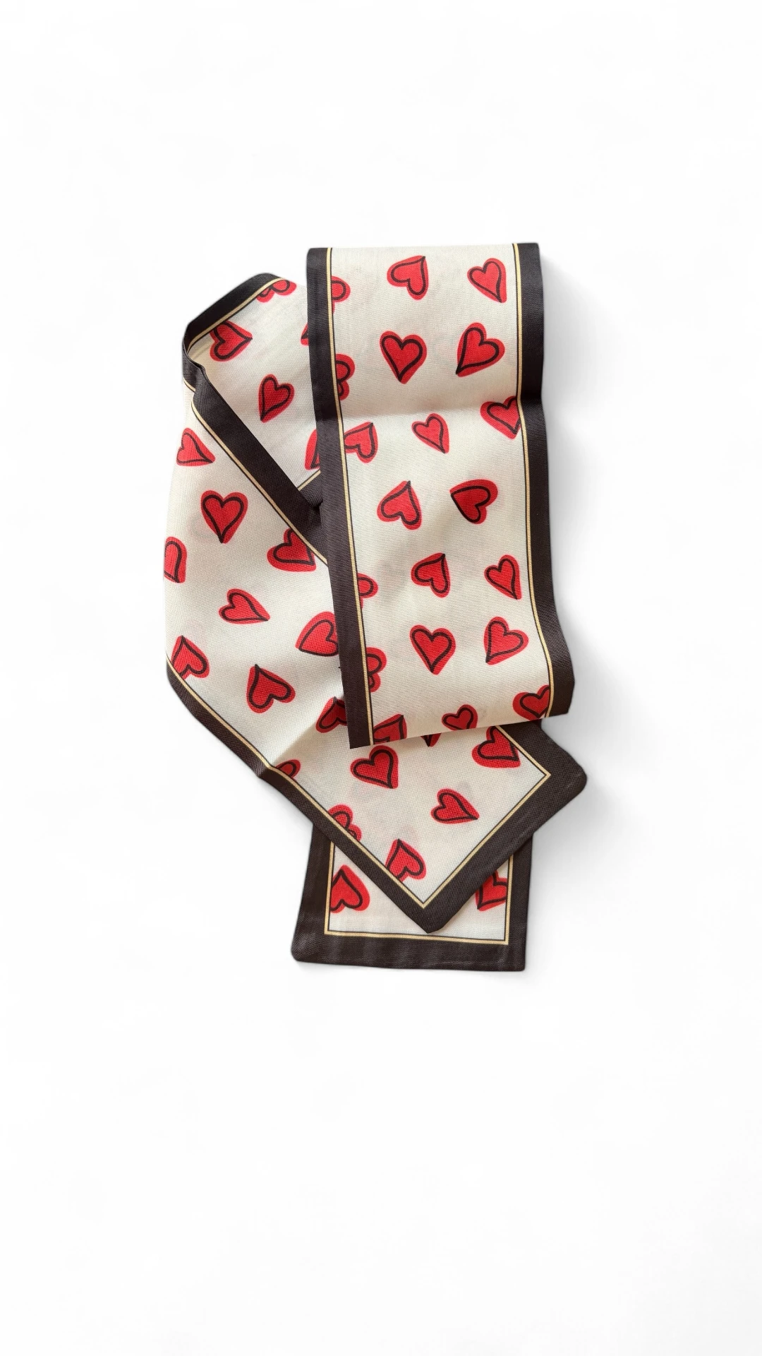 Krem Zemin Kırmızı Kalp Desenli Uzun İnce Fular - Romantik Saç Bandı ve Boyun Fuları
