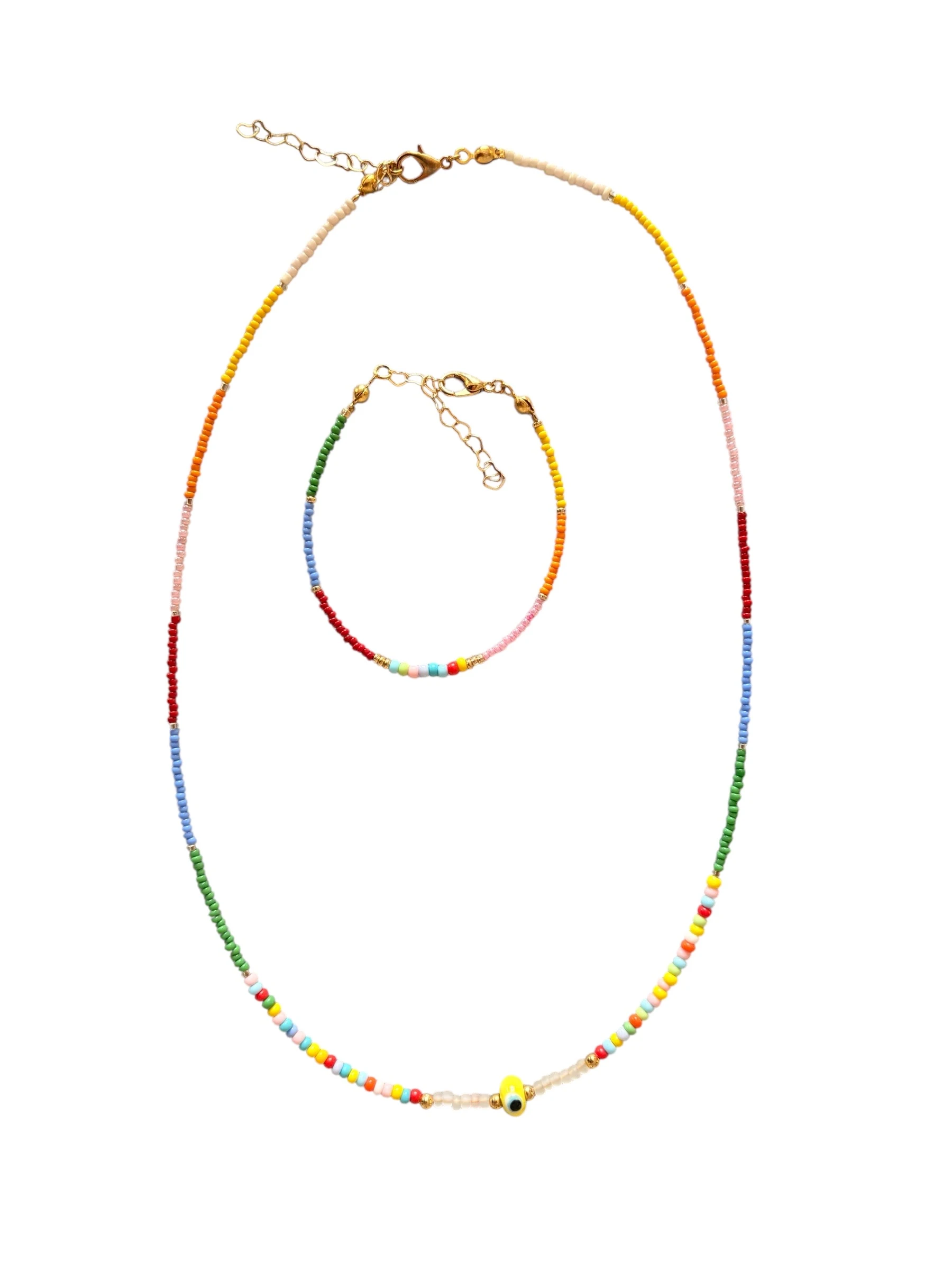 Gökkuşağı Renkli Boncuk Kolye ve Bileklik Seti