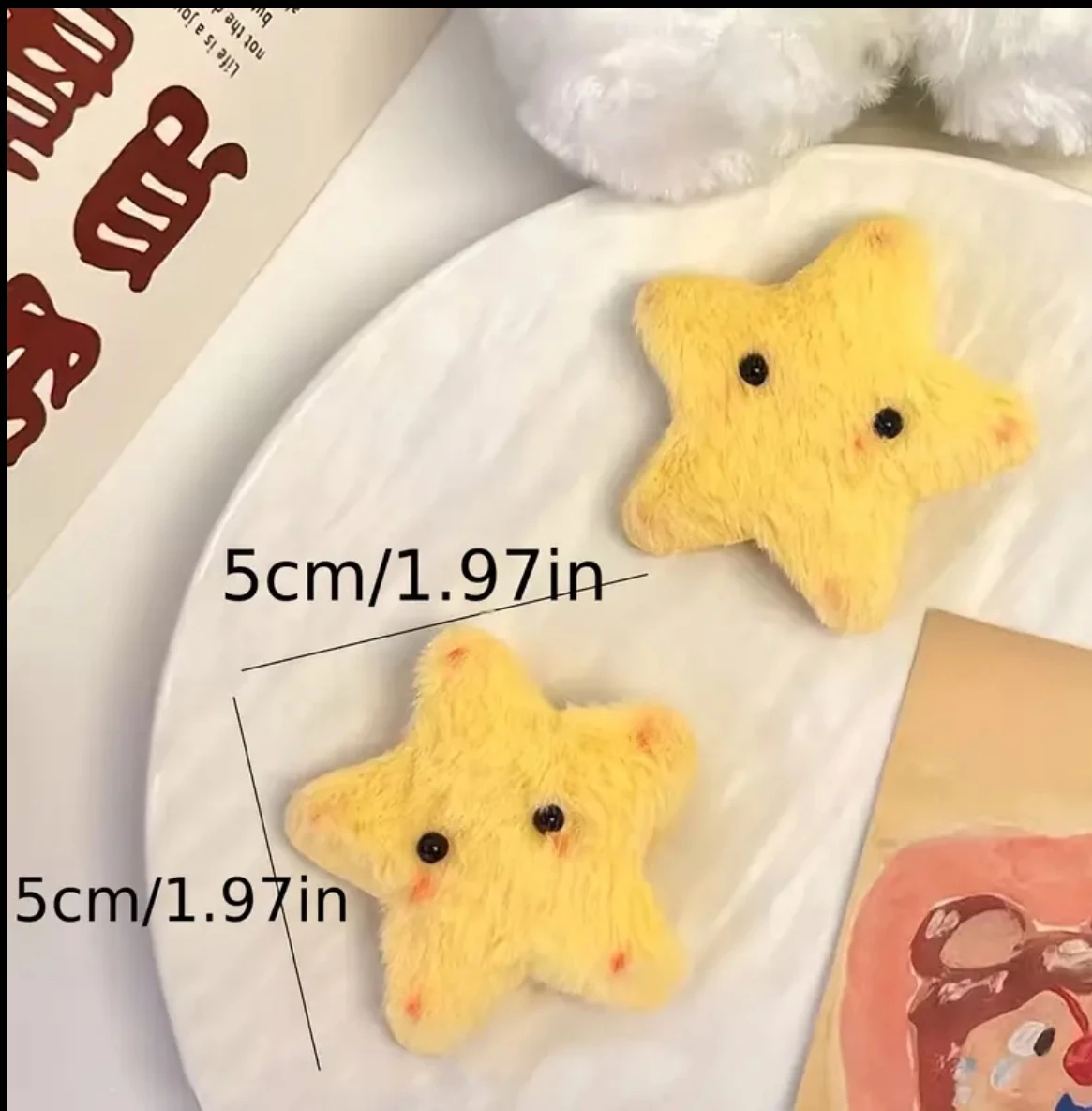 2'li Sarı Peluş Yıldız Toka Seti - Sevimli Kawaii Yumuşak Saç Klipsi