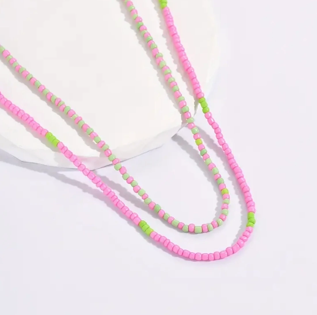 Pembe ve Limon Yeşili İkili Boncuklu Choker Kolye Seti