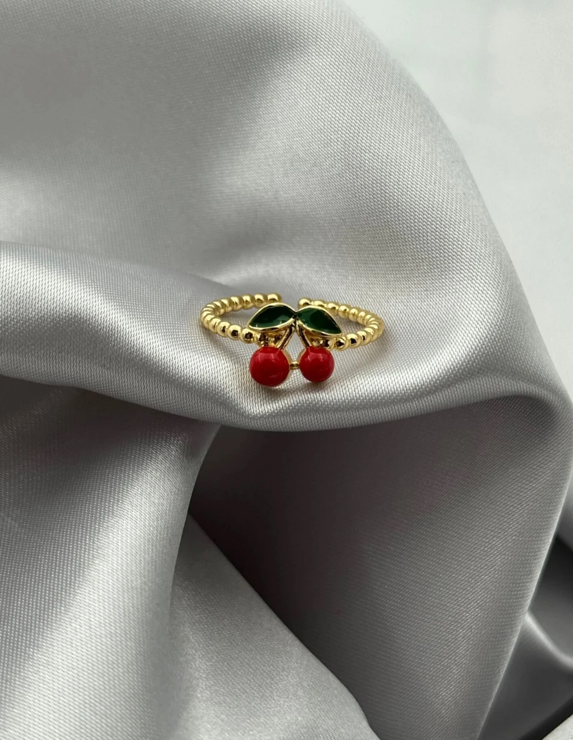 Altın Kaplama Kiraz Figürlü Ayarlanabilir Yüzük