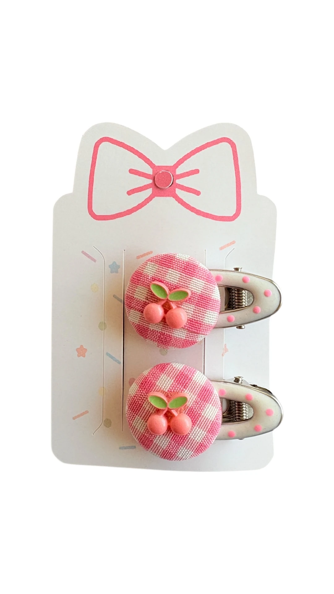 Trend Kiraz Detaylı Pembe Pötikare Kumaş Kaplı Klips Toka 2'li