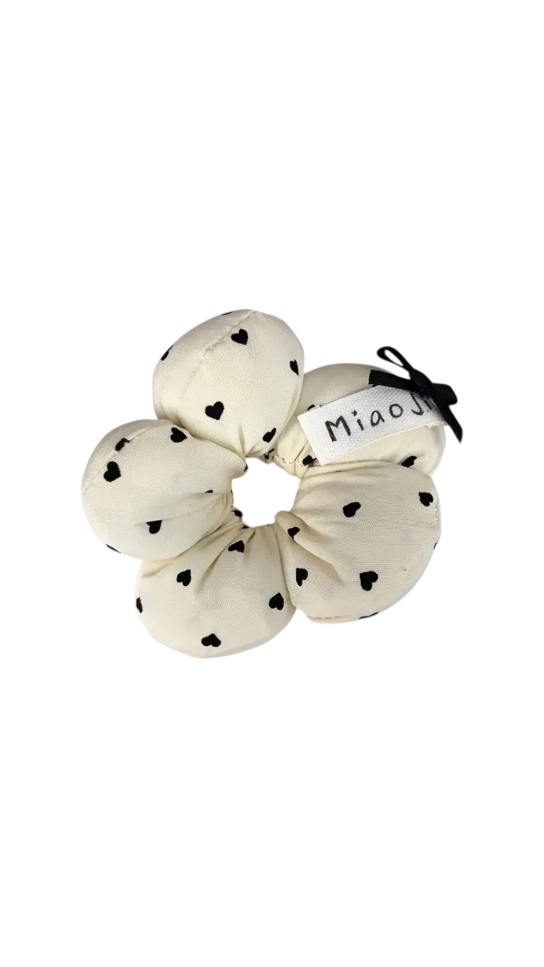 Kore Stili Kalp Desenli Krem Çiçek Toka (Puffy Scrunchie)