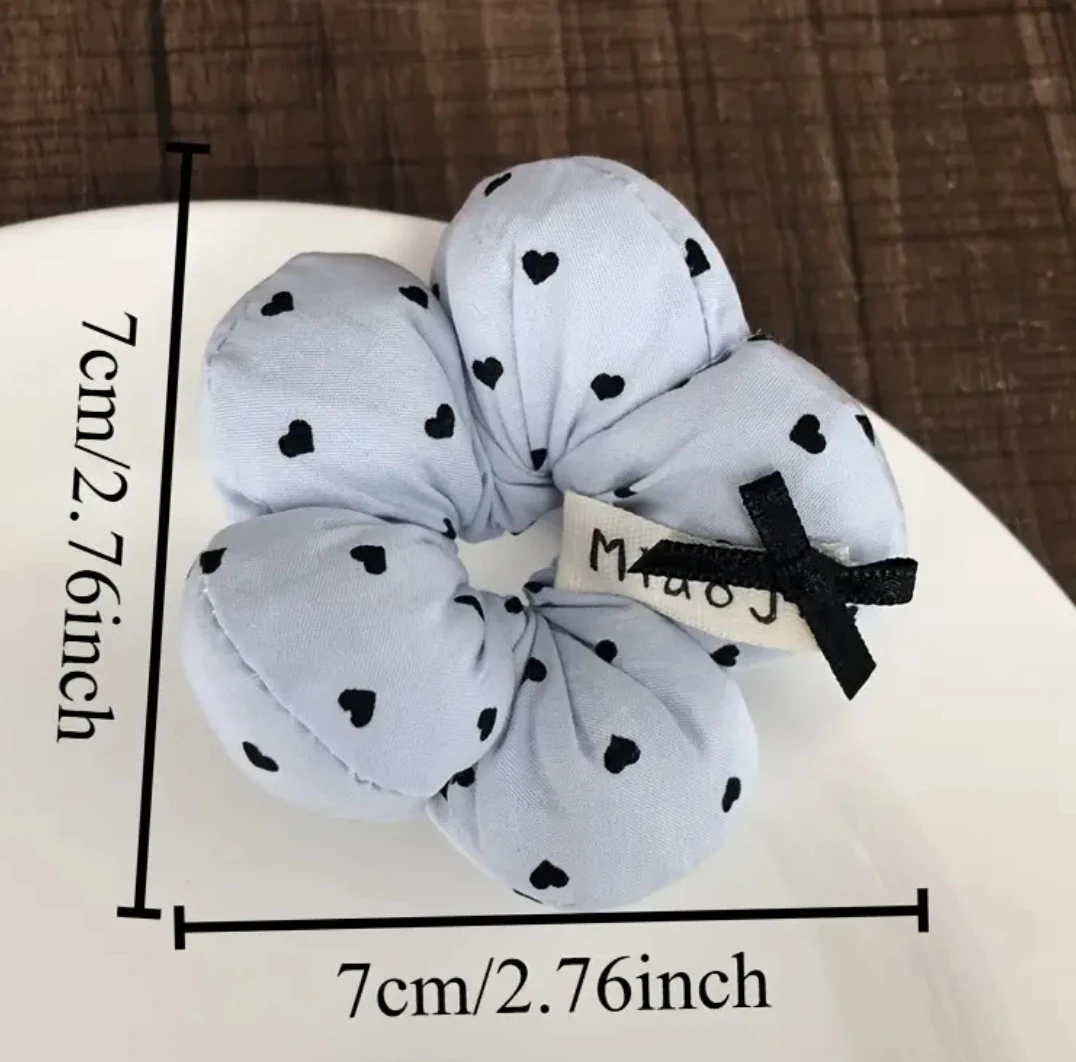 Kore Stili Kalp Desenli Mavi Çiçek Toka (Puffy Scrunchie)