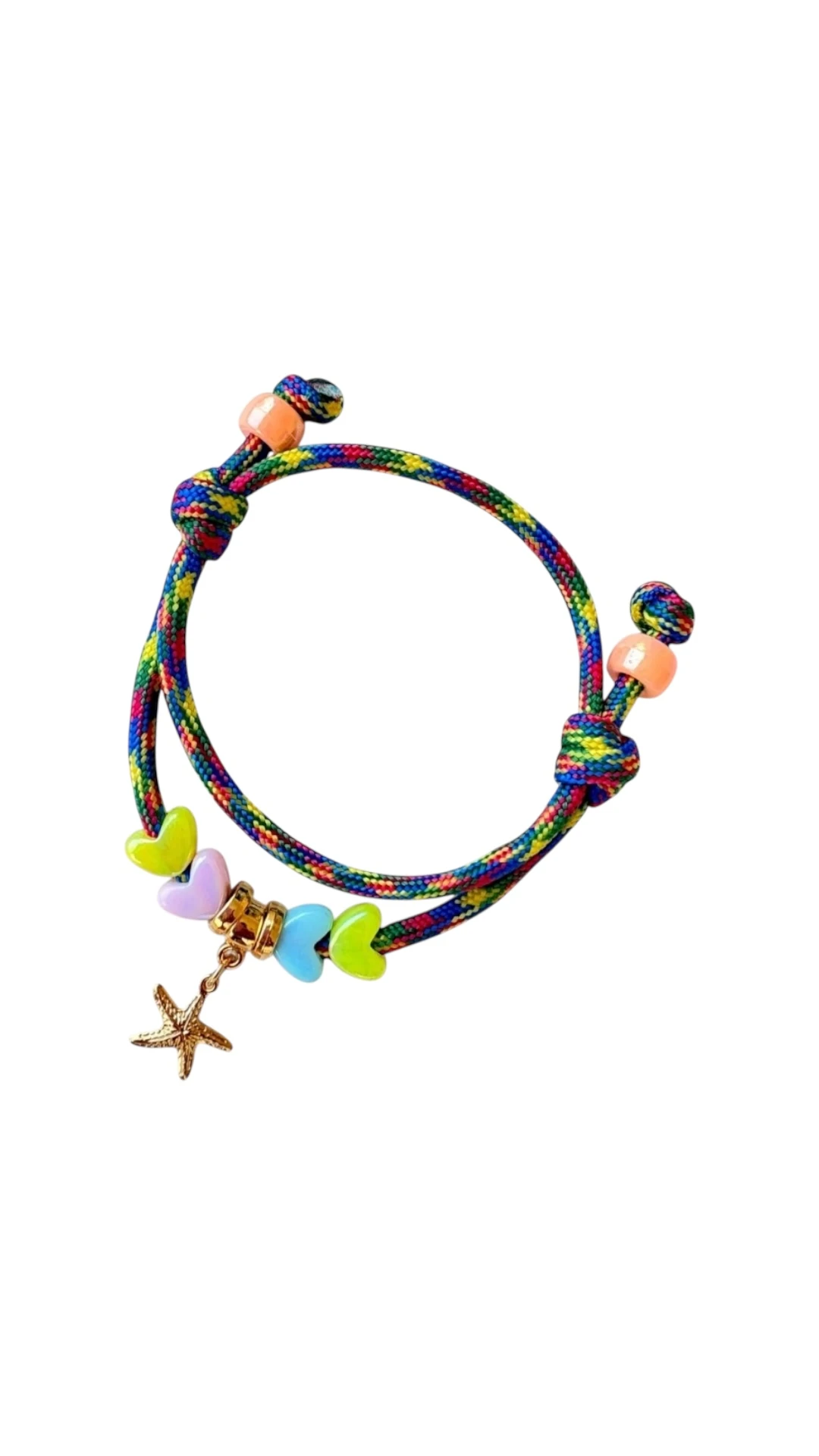 Çok Renkli İp Üzeri Kalp Boncuklu Deniz Yıldızı Charm Bileklik