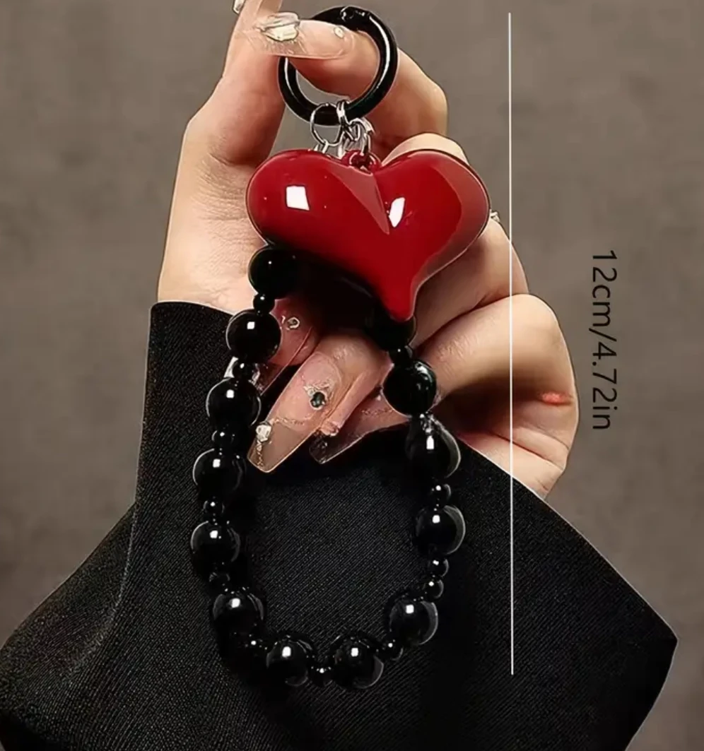 Siyah Boncuklu Kırmızı Kalp Figürlü Telefon  Askısı / Anahtarlık Charmı