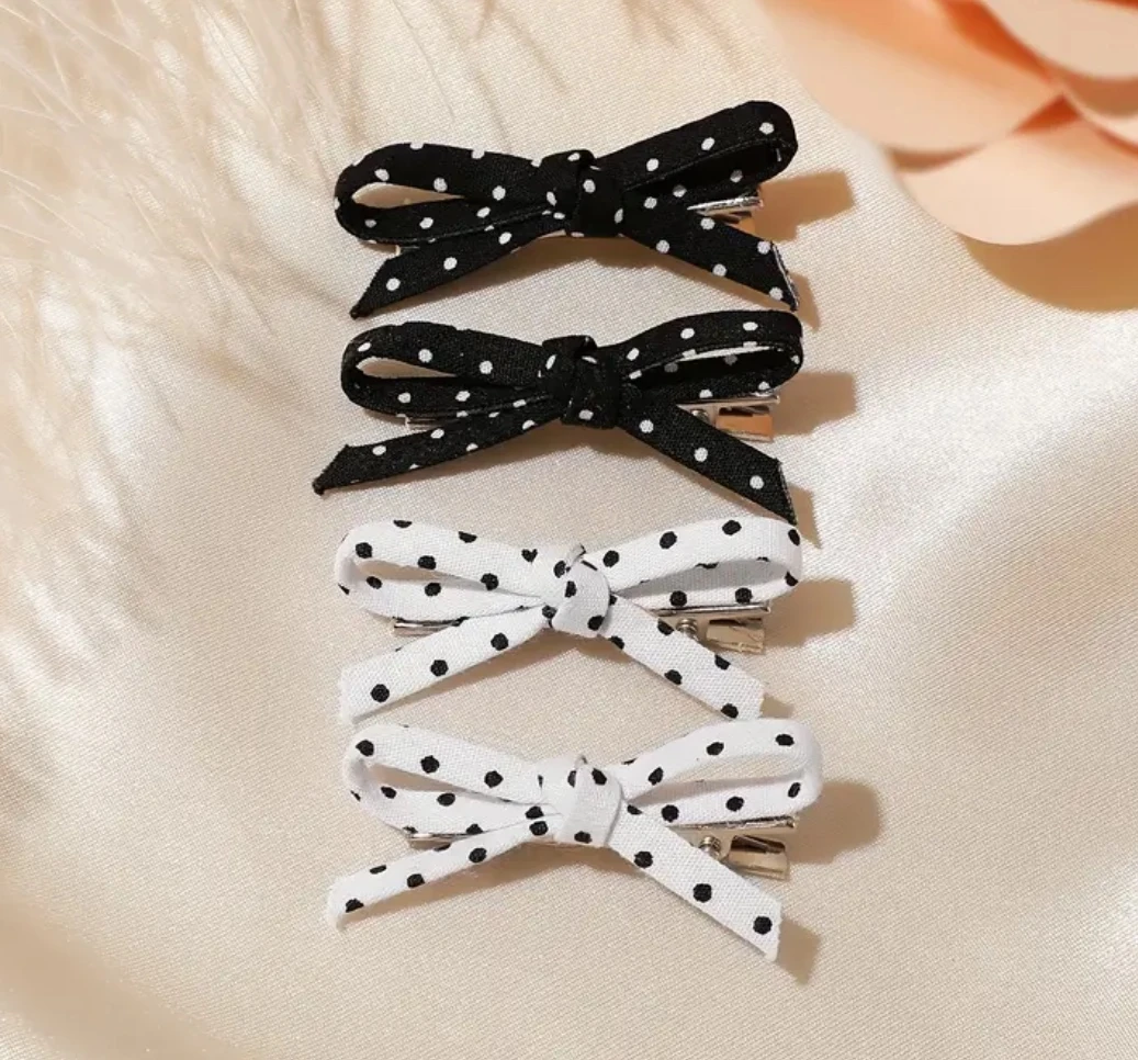 2'li Beyaz Puantiyeli Fiyonk Saç Klipsi Seti - Zarif Retro Kurdele Toka
