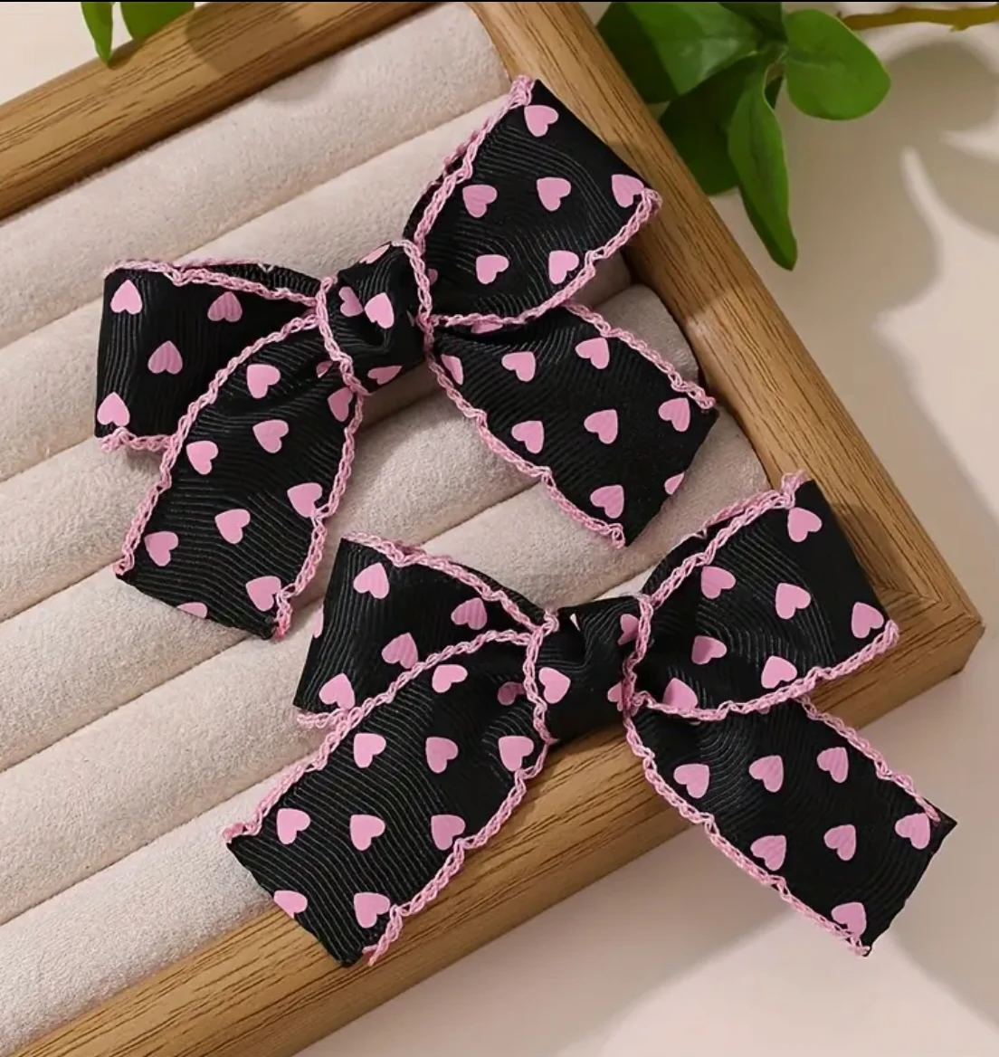 2'li Siyah Pembe Kalp Desenli Fiyonk Toka Seti - Grogren Kurdele Gotik Şık Klips