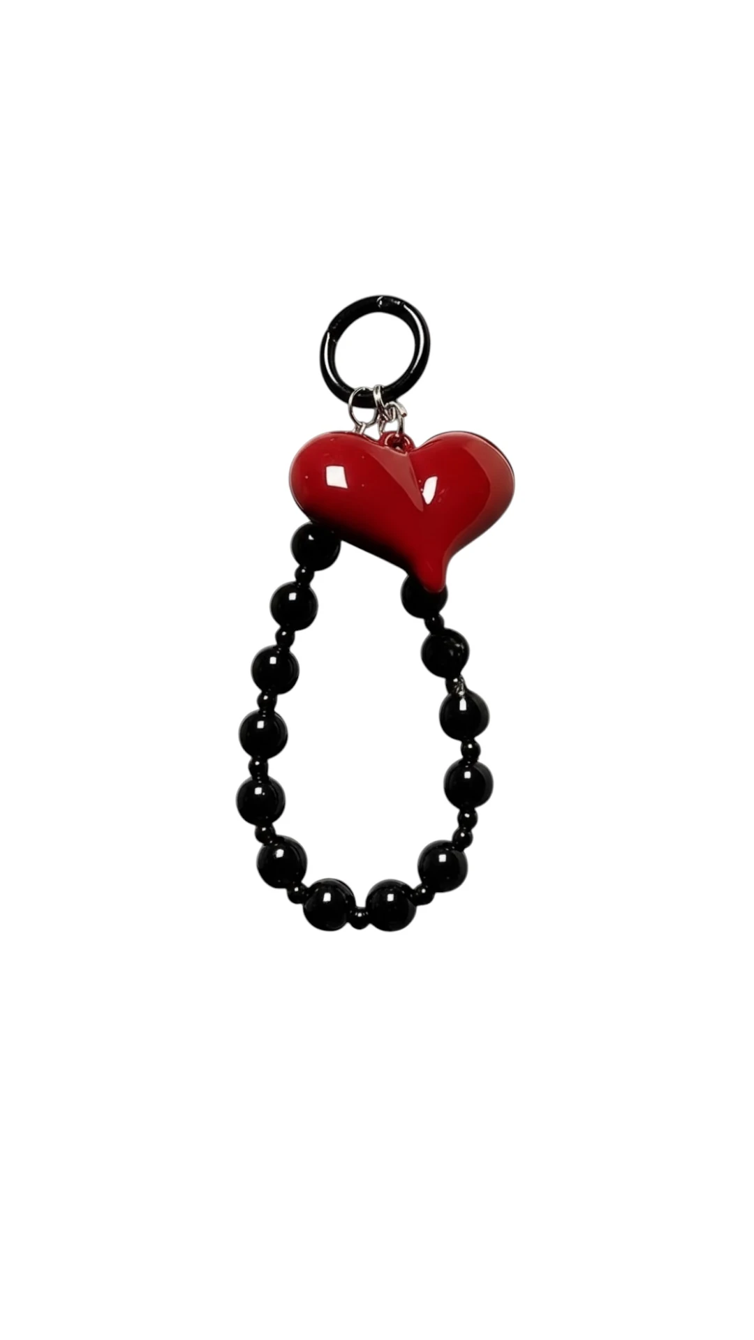 Siyah Boncuklu Kırmızı Kalp Figürlü Telefon  Askısı / Anahtarlık Charmı