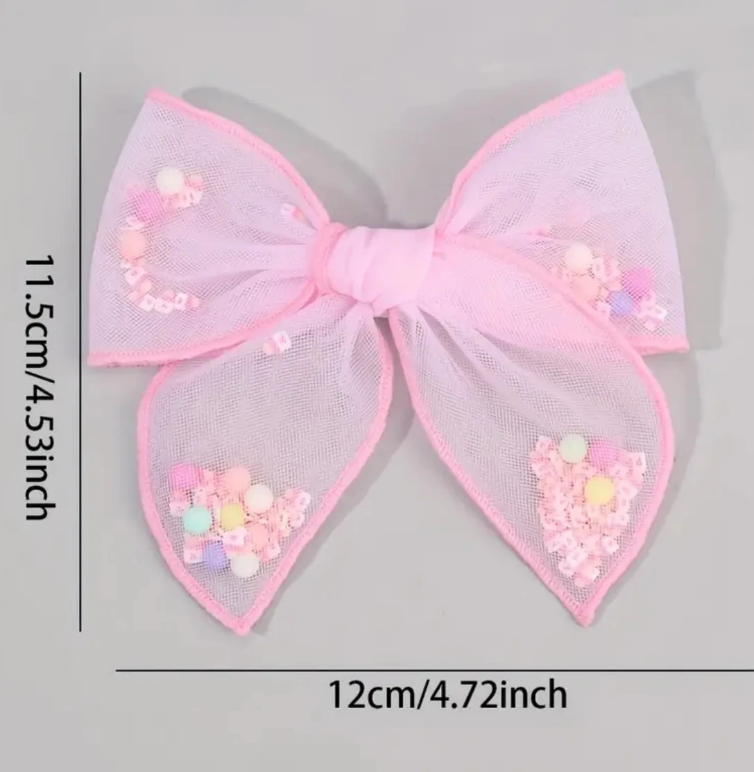 2'li Pembe Tül Fiyonk Toka Seti - Renkli Boncuklu Organze Romantik Saç Klipsi