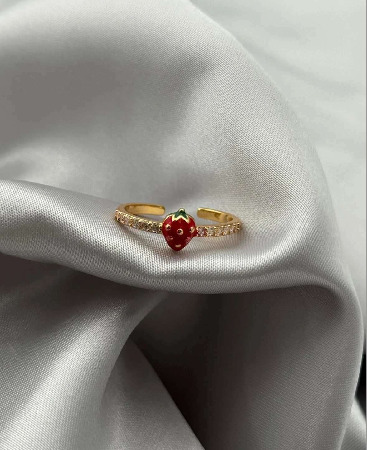 Altın Kaplama Çilek Figürlü Taşlı Ayarlanabilir Yüzük-2