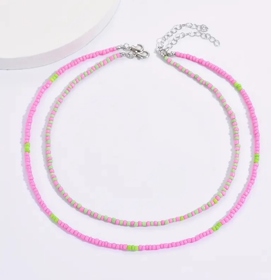 Pembe ve Limon Yeşili İkili Boncuklu Choker Kolye Seti