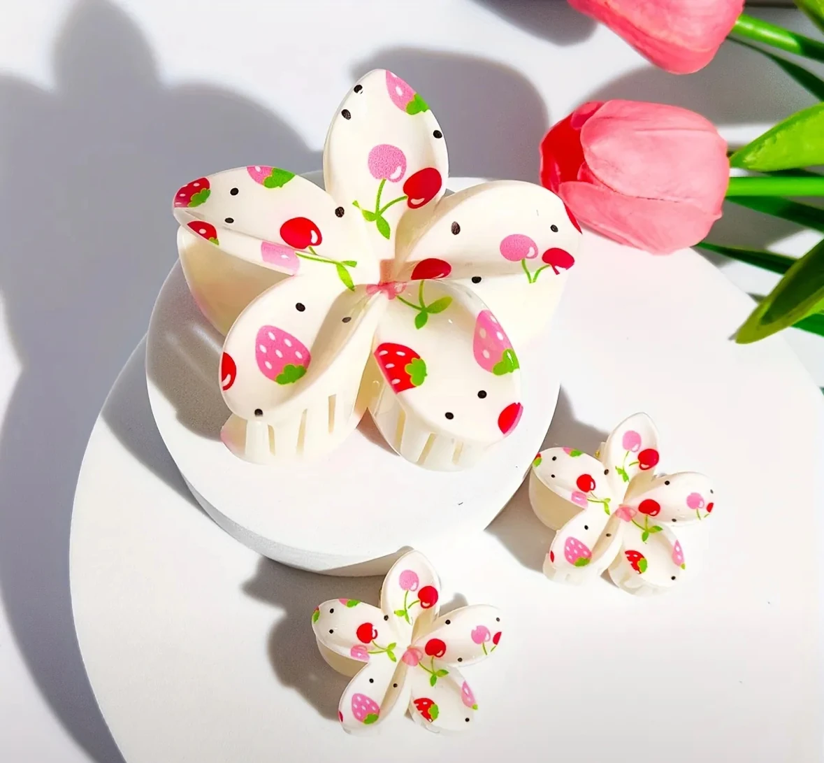 3'lü Çilek Kiraz Desenli Çiçek Toka Seti - Büyük ve Küçük Boy Kawaii Saç Klipsleri