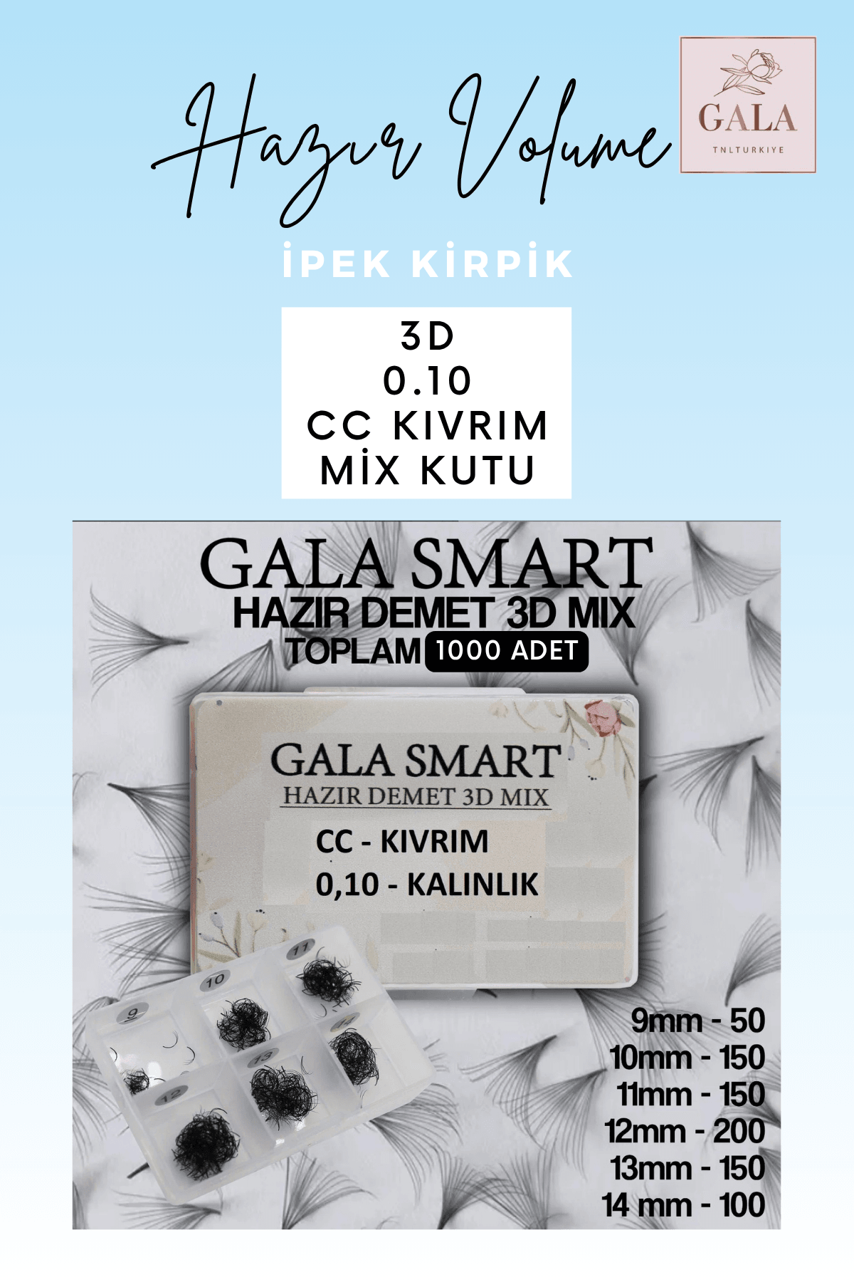 HAZIR DEMET "3D" MIX KUTU İPEK KİRPİK - 3D 0.10 CC MIX KUTU (1000Lİ)
