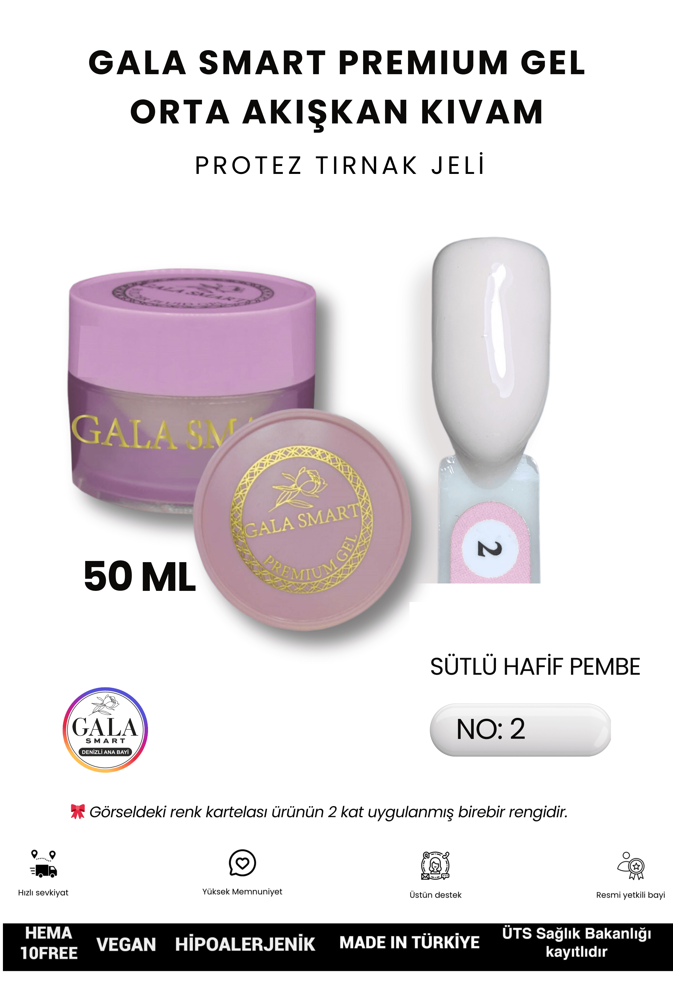 ORTA AKIŞKAN KIVAMLI GALA PROTEZ TIRNAK JELİ - 02 SÜTLÜ HAFİF PEMBE - 50 ML