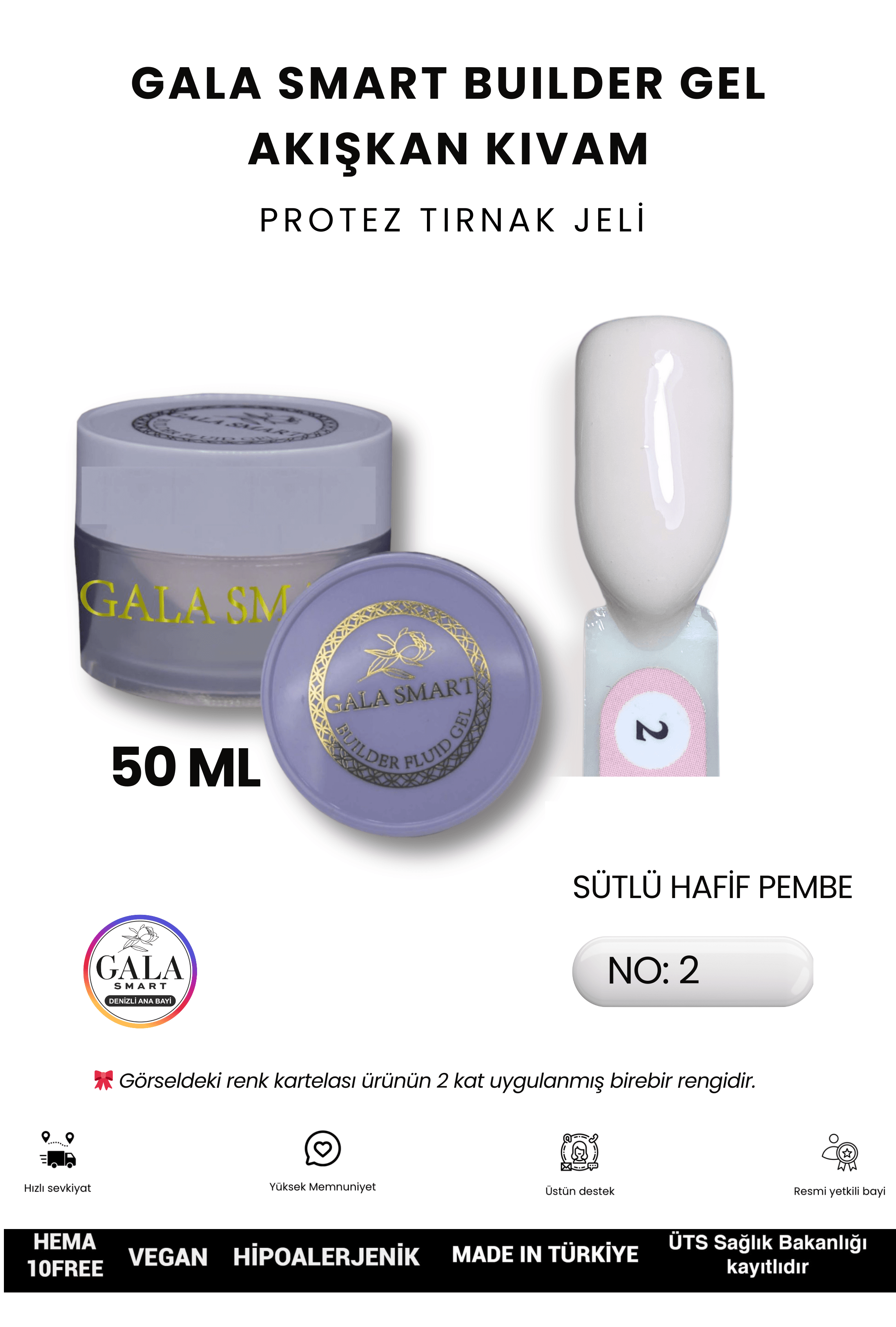 AKIŞKAN KIVAMLI GALA PROTEZ TIRNAK JELİ - 02 SÜTLÜ HAFİF PEMBE - 50 ML