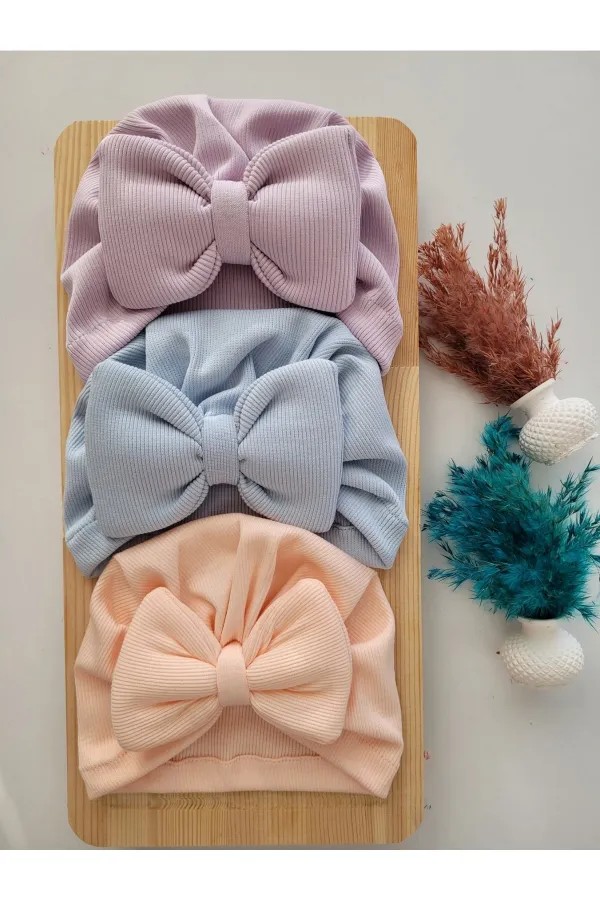 Kız Bebek & Çocuk Renkli Fiyonklu Bone 3'Lü Set