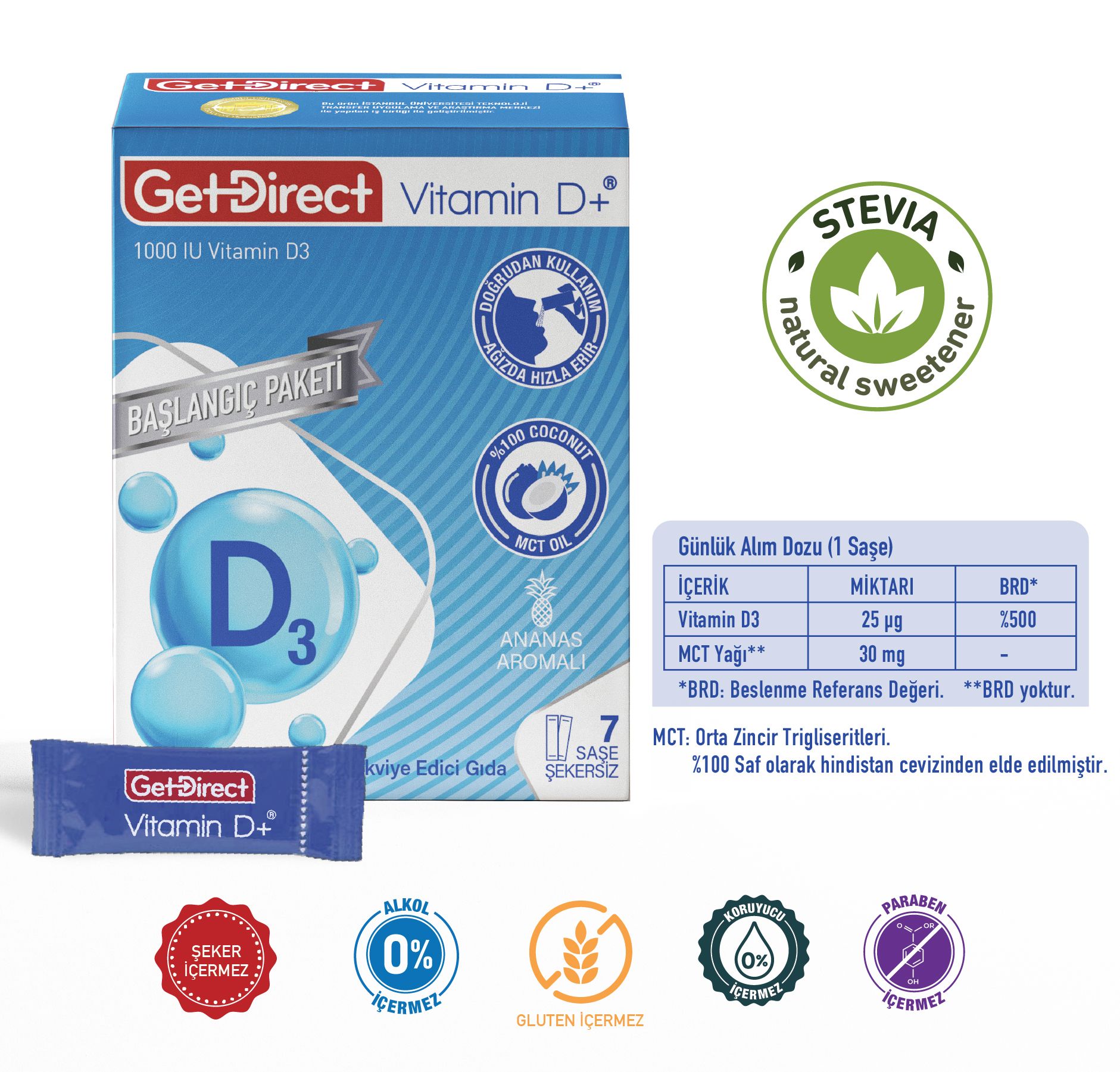 GetDirect Vitamin D+ 1000 IU Vitamin D3  İçeren Takviye Edici Gıda 7 saşe