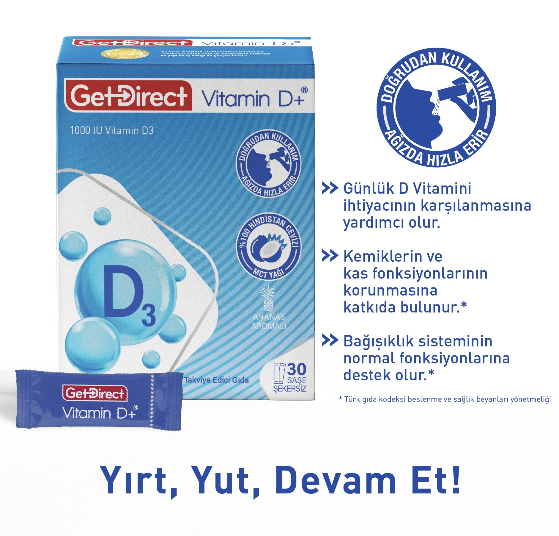 GetDirect Vitamin D+ 1000 IU Vitamin D3  İçeren Takviye Edici Gıda 30 saşe